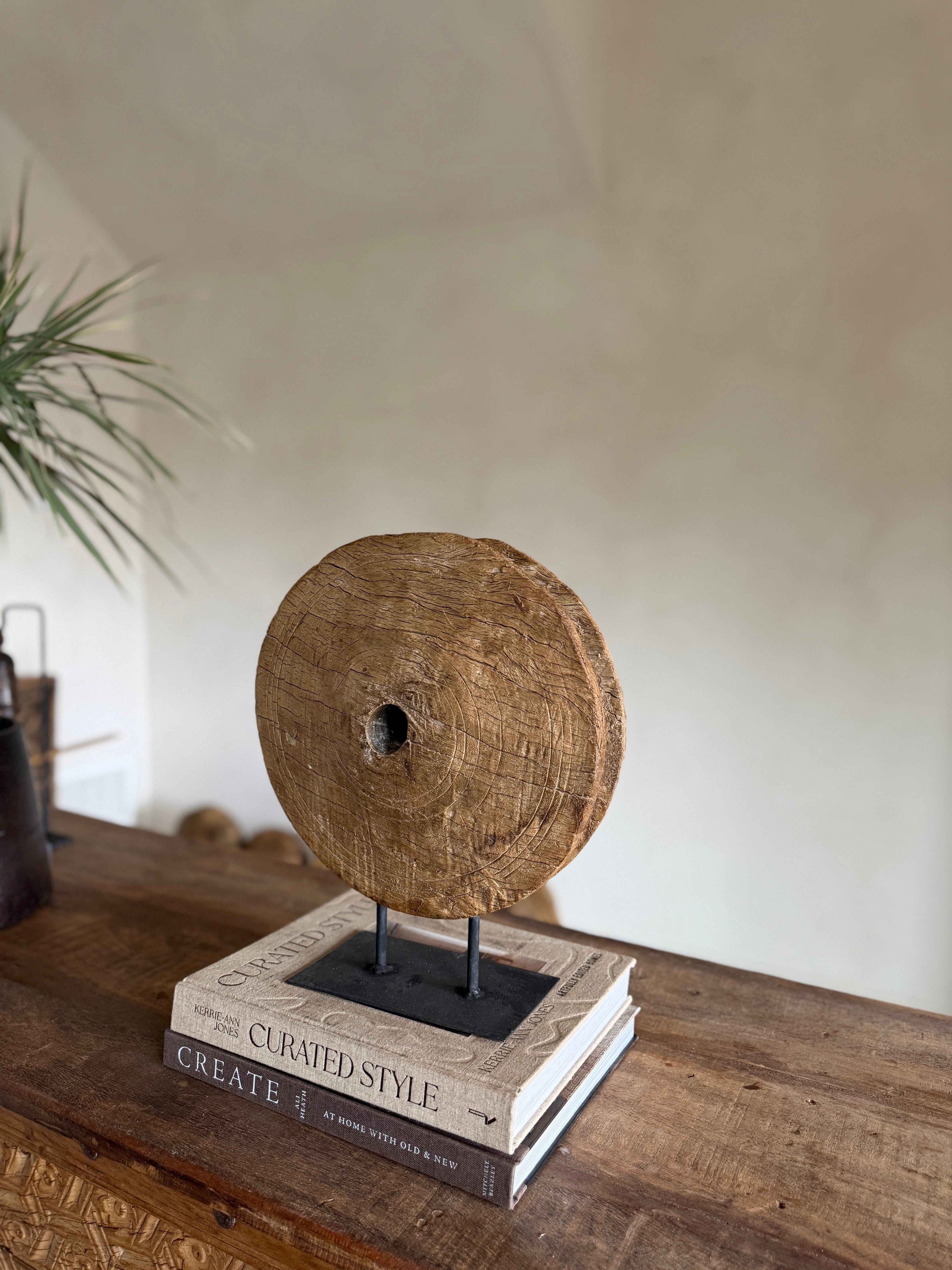 Vintage Wooden Pulley wheel on stand 13"