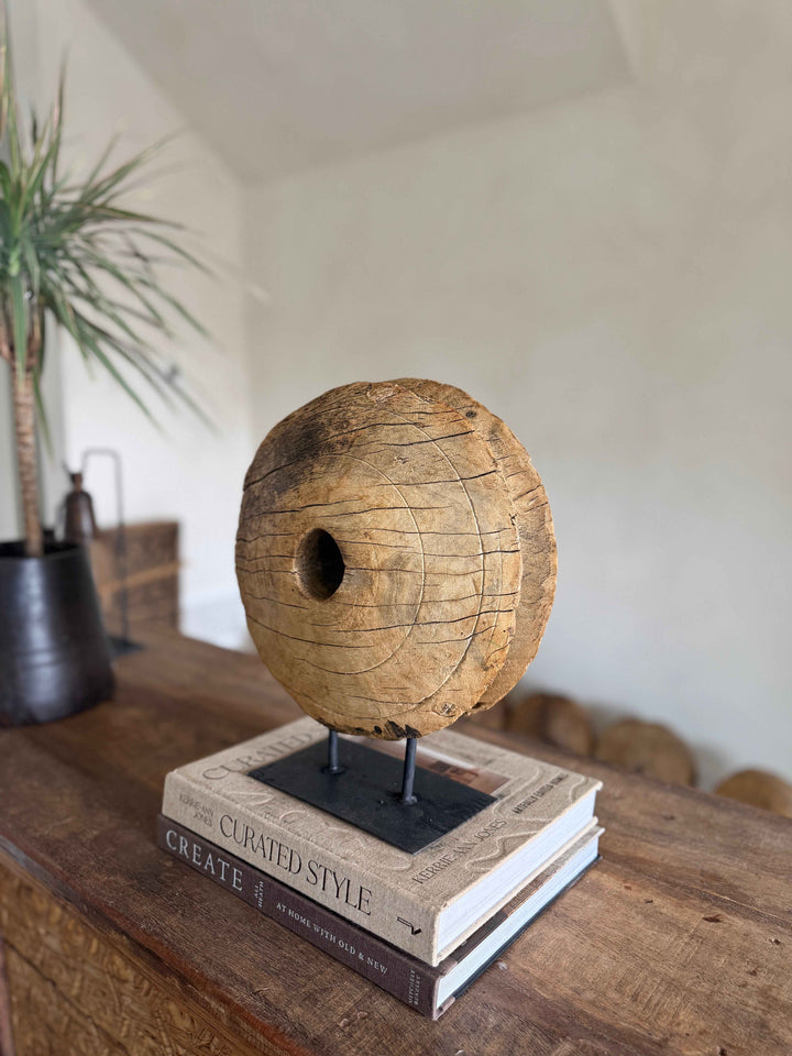 Vintage Wooden Pulley wheel on stand 12.5"