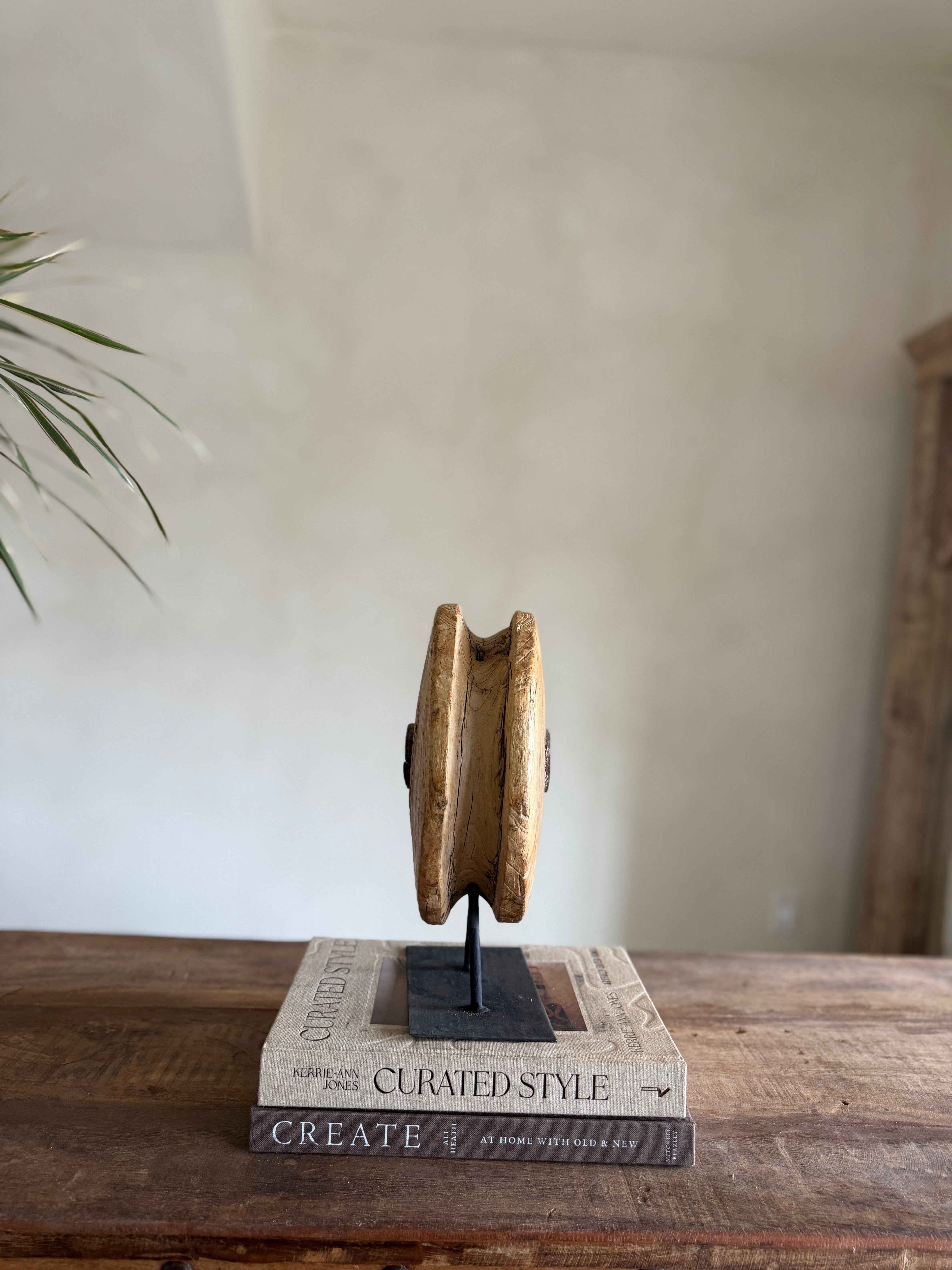 Vintage Wooden Pulley wheel on stand 11.5"