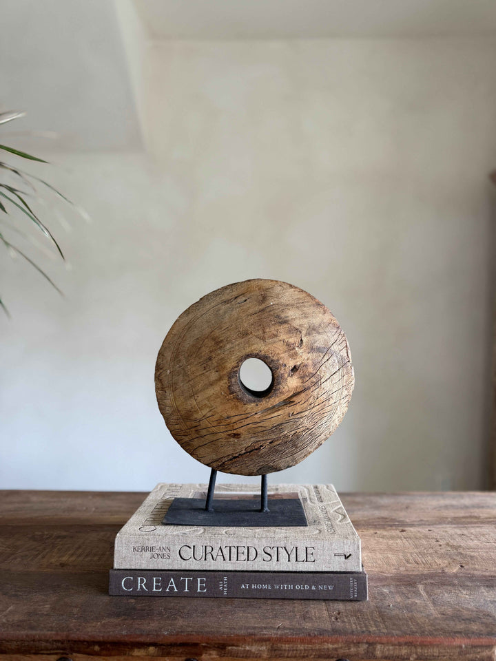 Vintage Wooden Pulley wheel on stand 12"