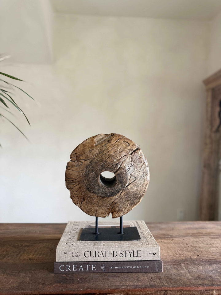 Vintage Wooden Pulley wheel on stand 12.5"