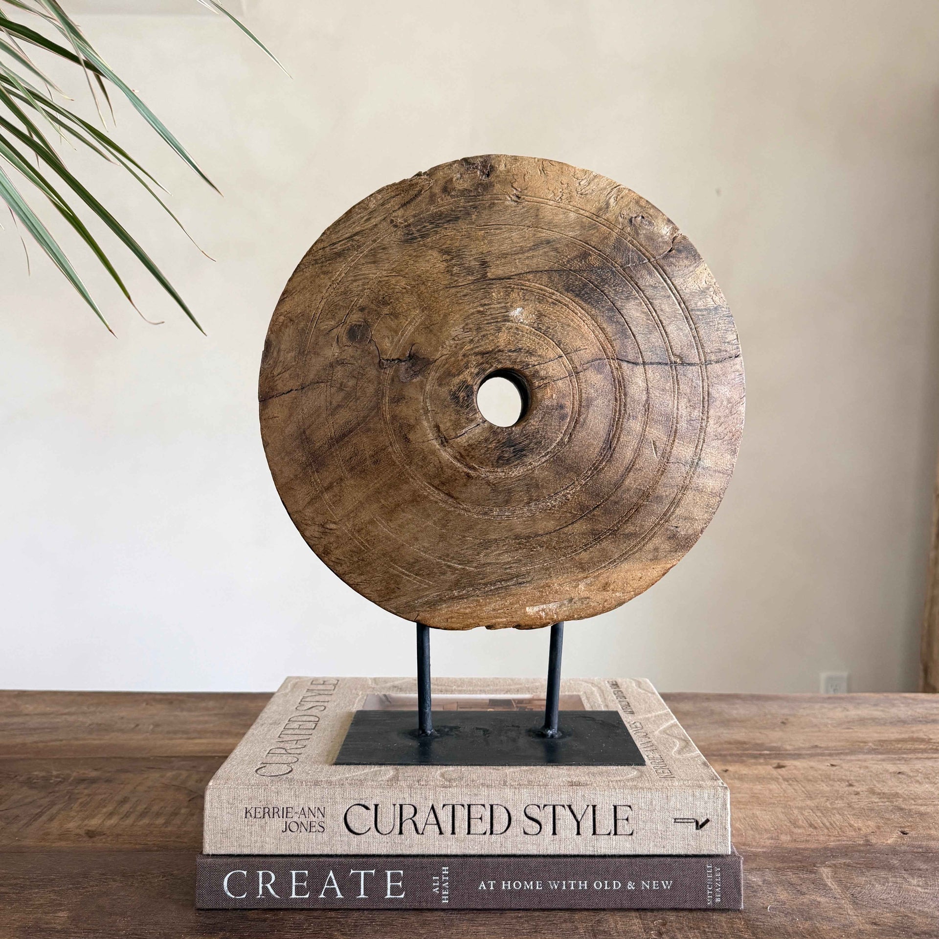 Vintage Wooden Pulley wheel on stand 14"