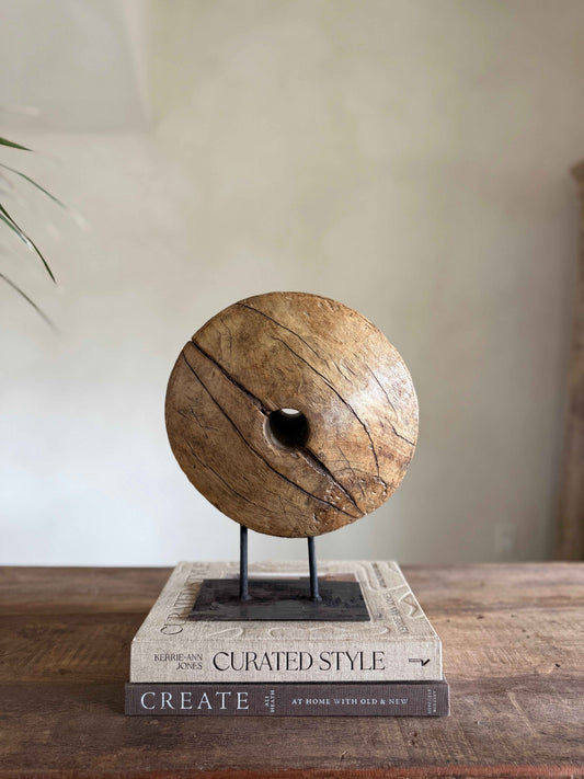 Vintage Wooden Pulley wheel on stand 12.5"