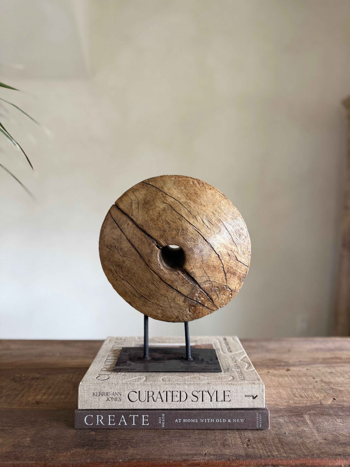 Vintage Wooden Pulley wheel on stand 12.5"