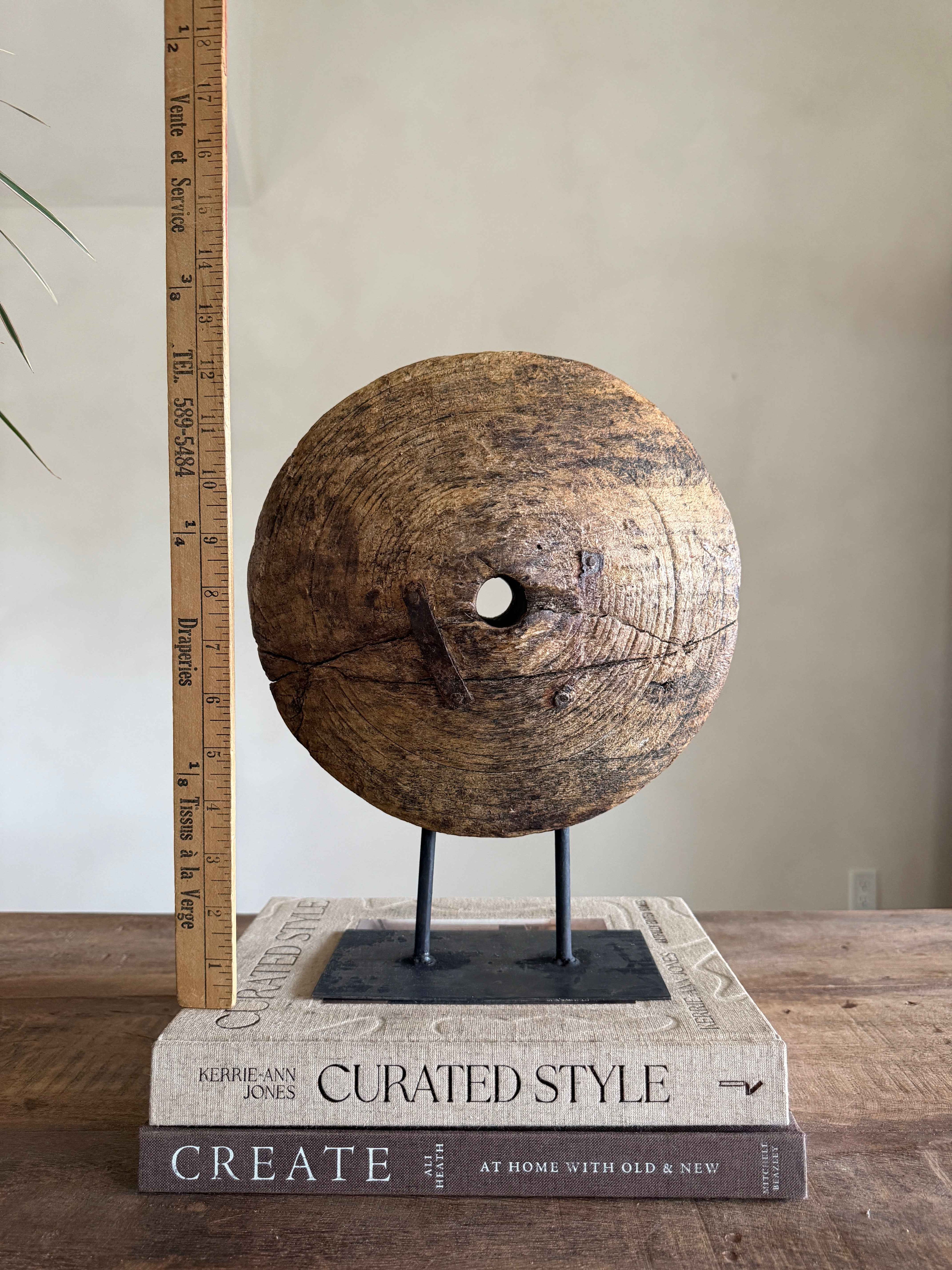 Vintage Wooden Pulley wheel on stand 13"