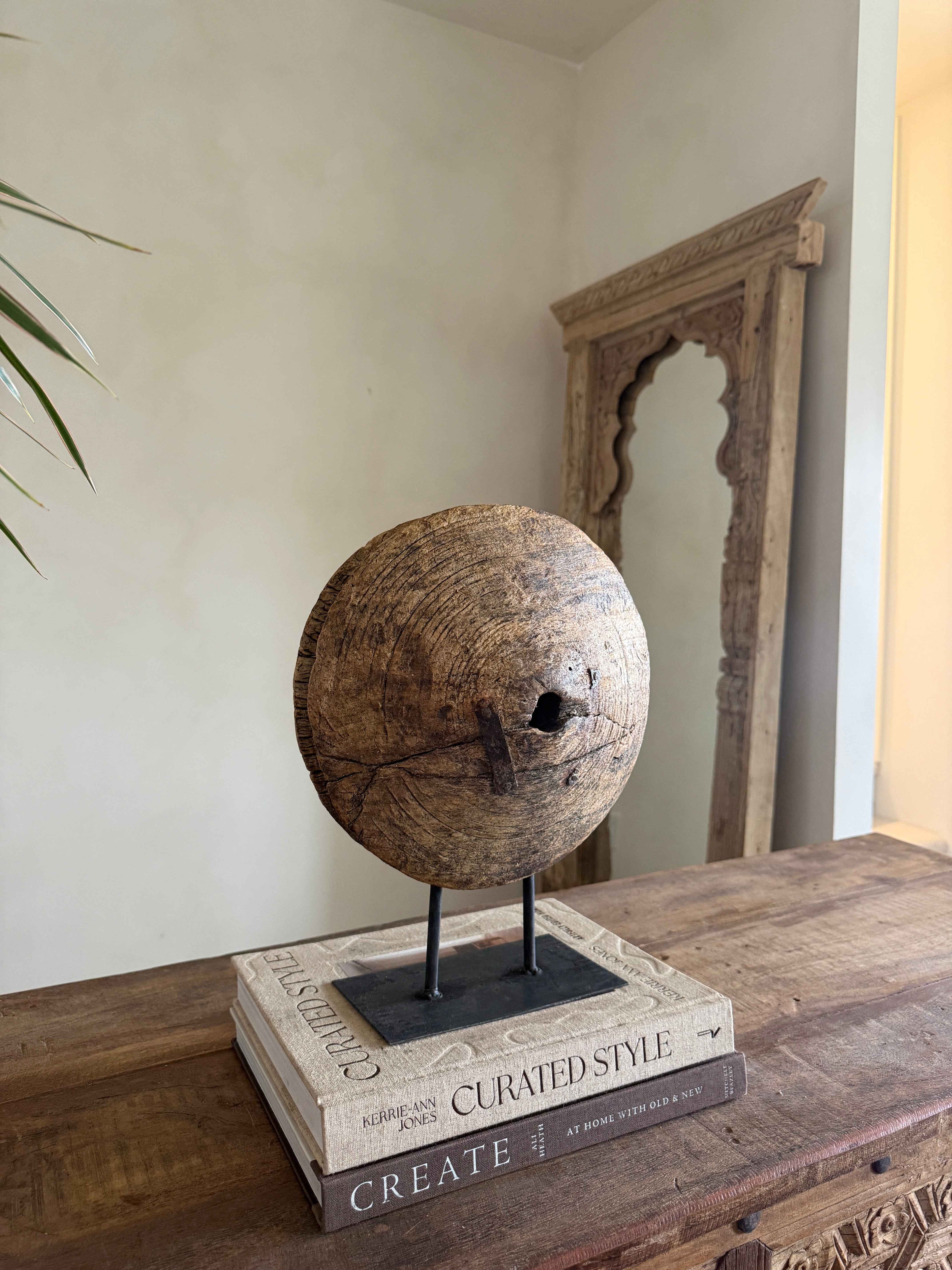 Vintage Wooden Pulley wheel on stand 13"