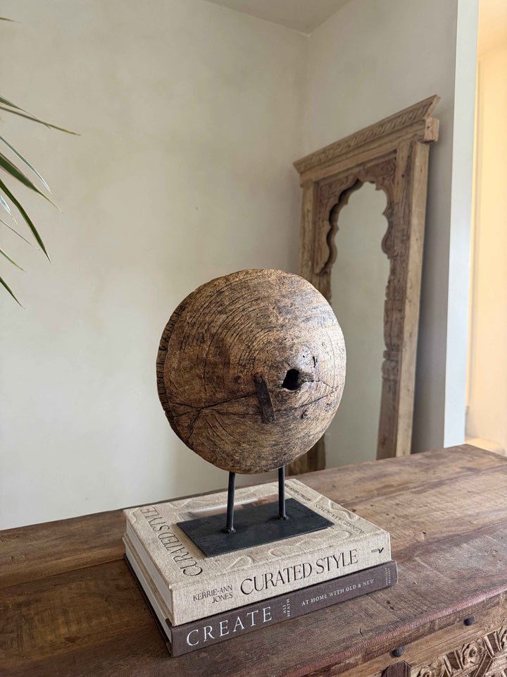 Vintage Wooden Pulley wheel on stand 13"