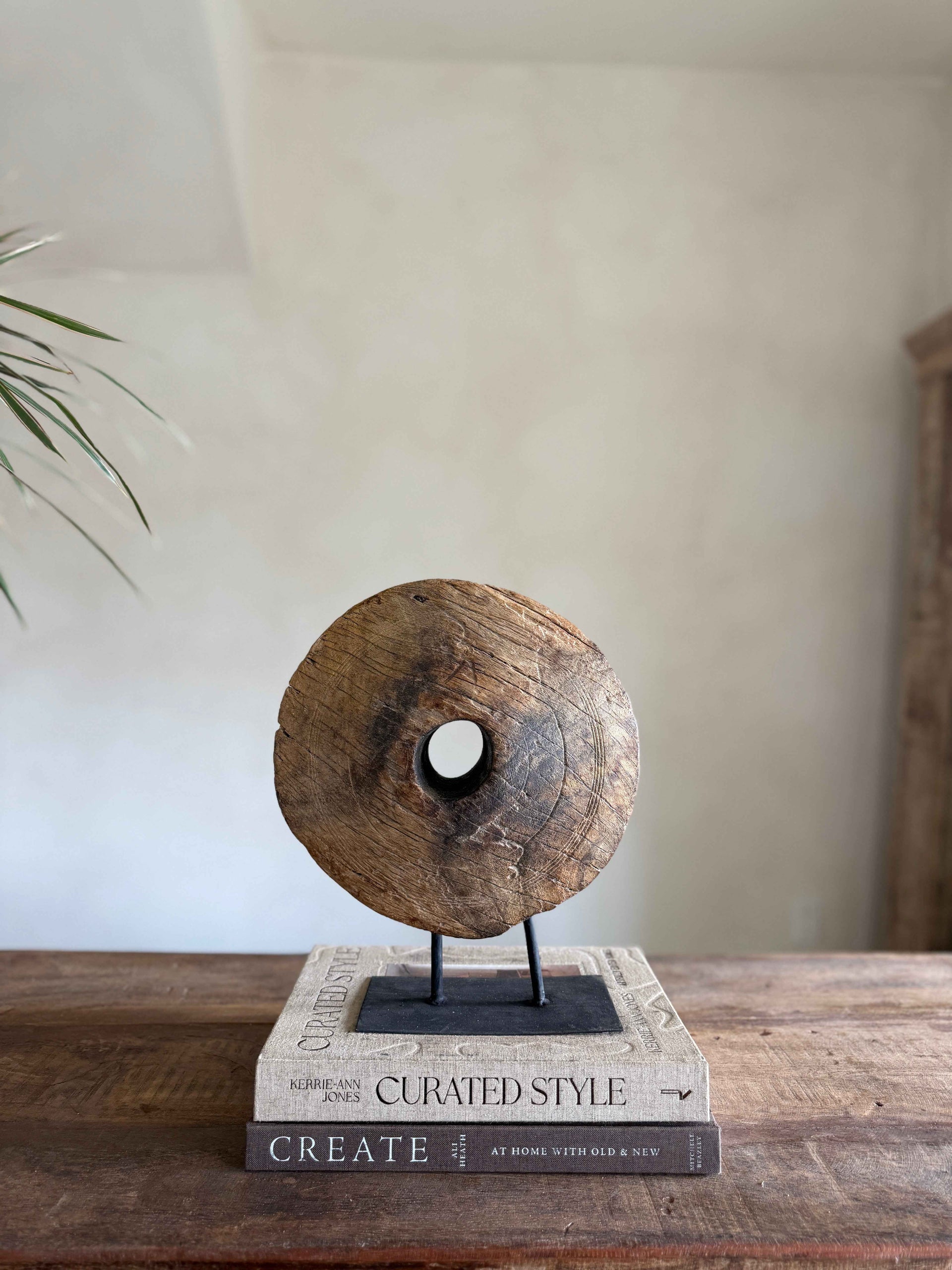 Vintage Wooden Pulley wheel on stand 12"