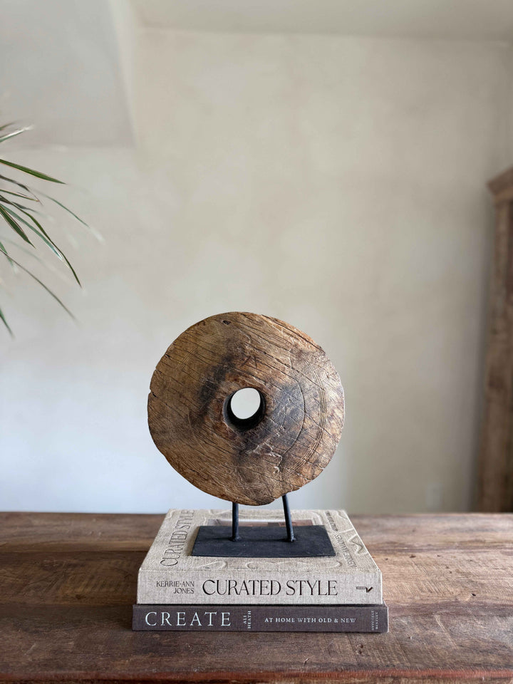 Vintage Wooden Pulley wheel on stand 12"