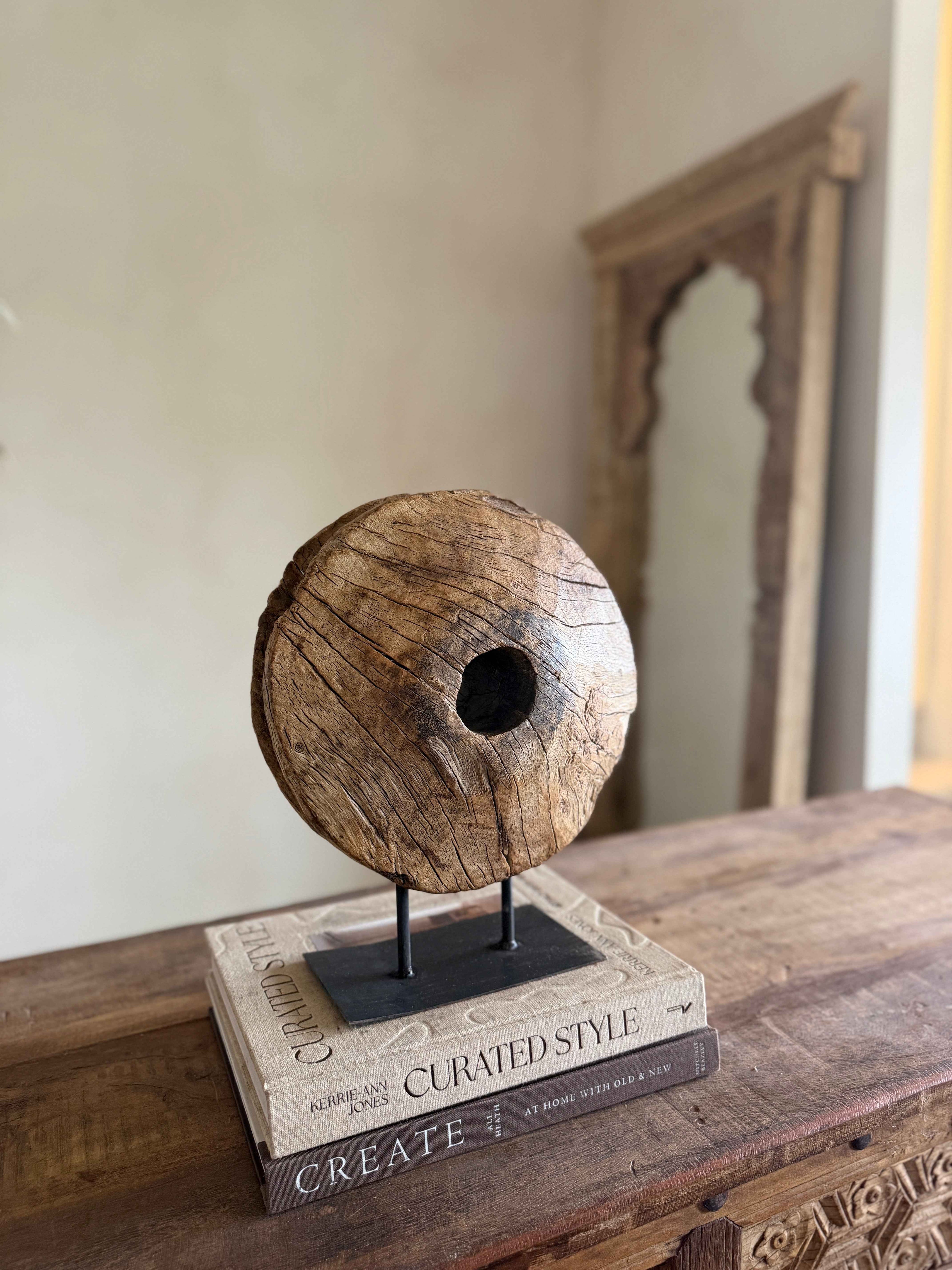 Vintage Wooden Pulley wheel on stand 12.5"