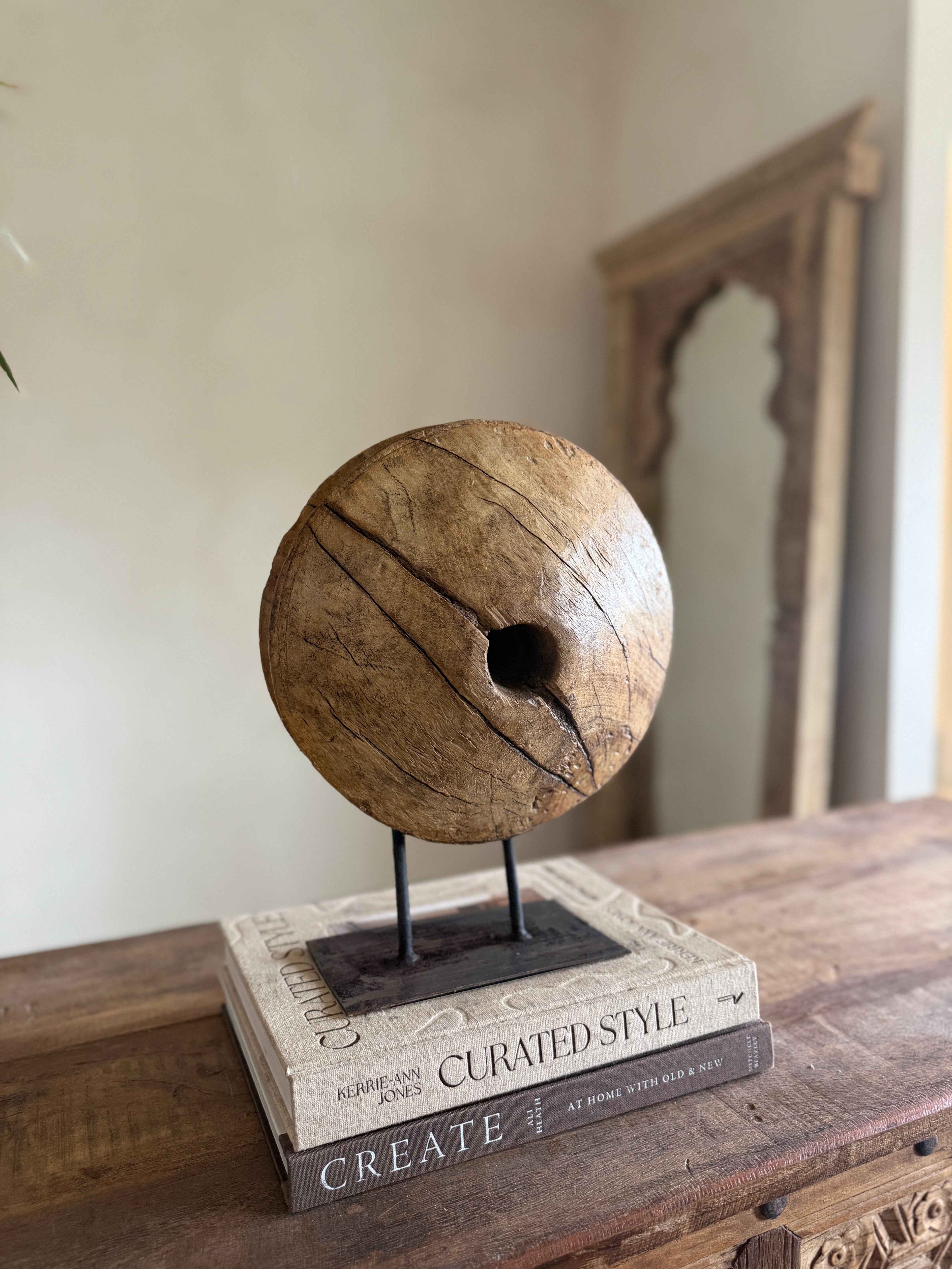 Vintage Wooden Pulley wheel on stand 12.5"