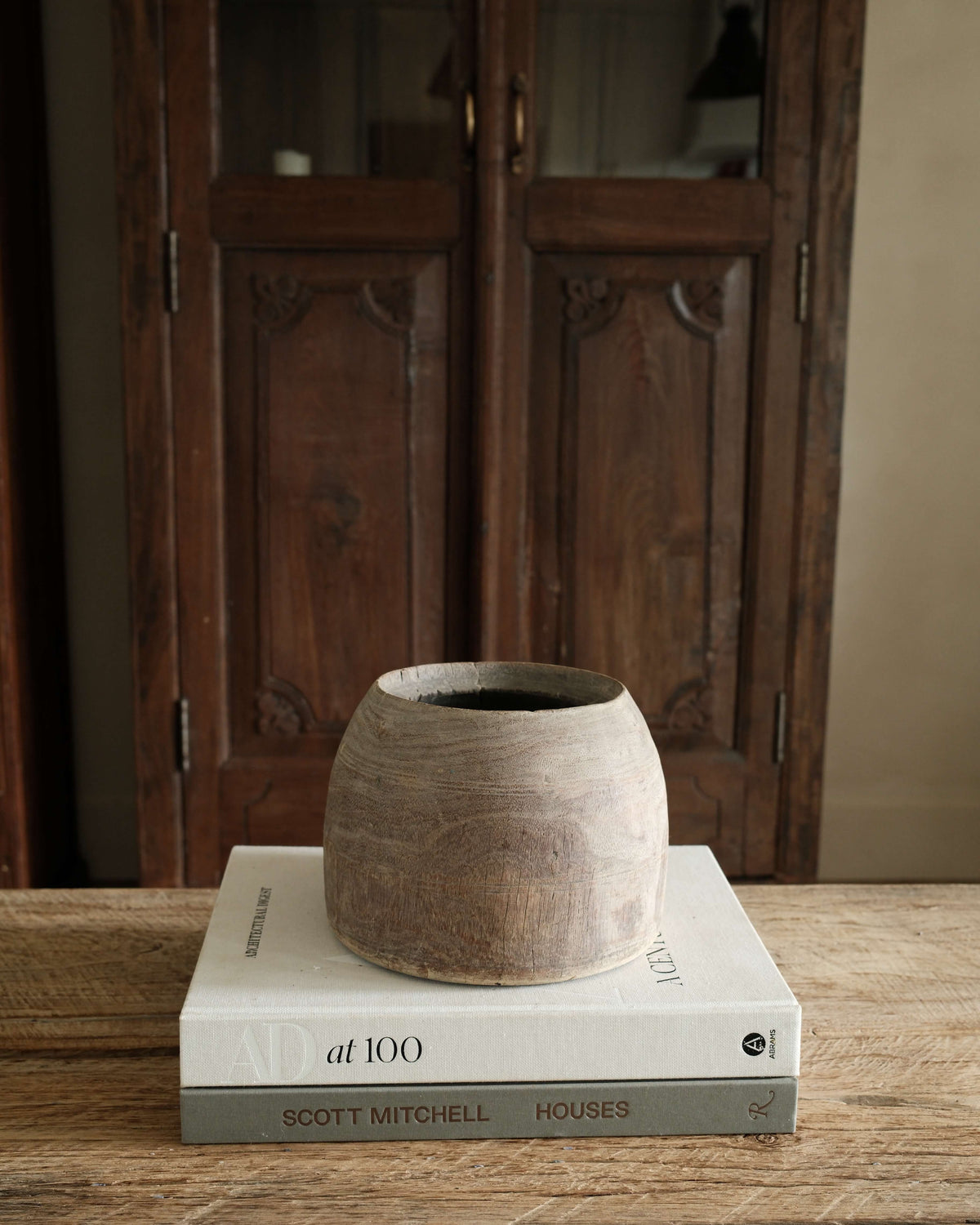 Primitive Hand Carved Wood Pot 9"
