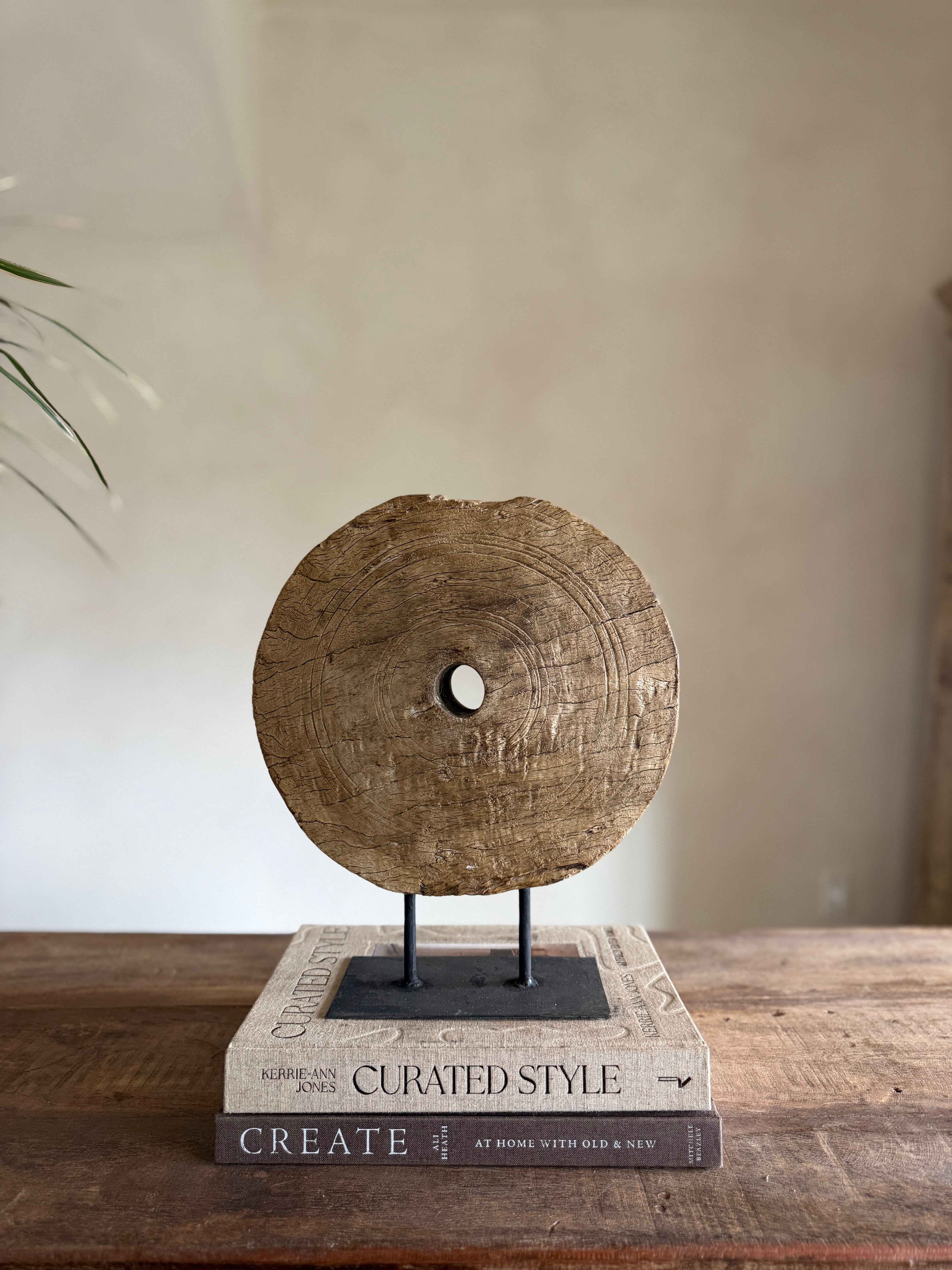 Vintage Wooden Pulley wheel on stand 13"