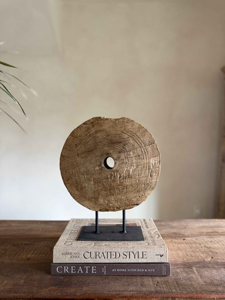 Vintage Wooden Pulley wheel on stand 13"