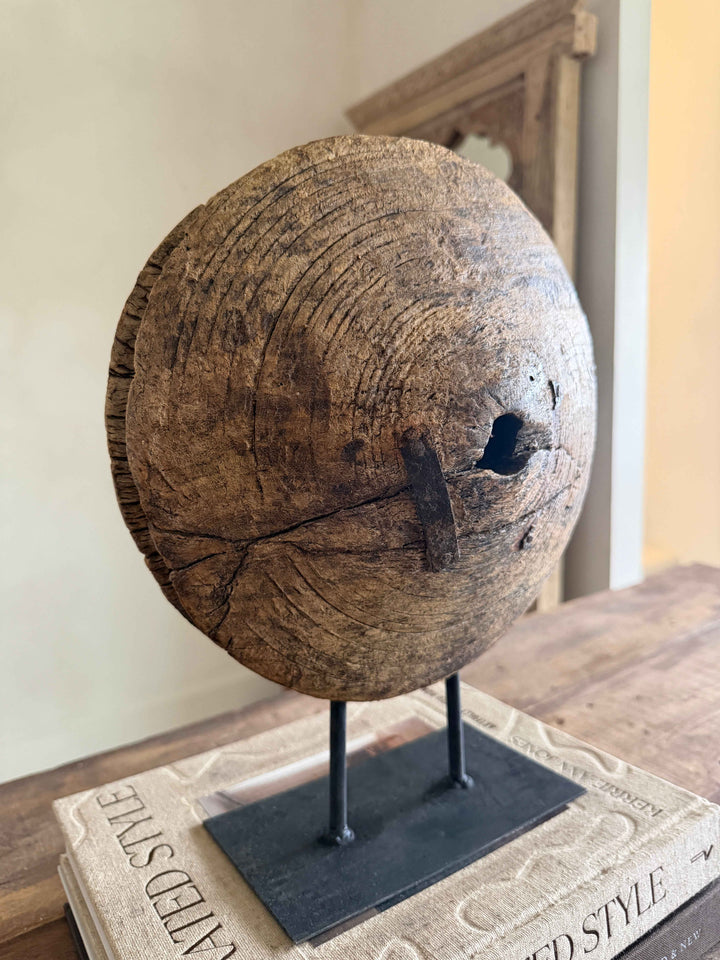 Vintage Wooden Pulley wheel on stand 13"