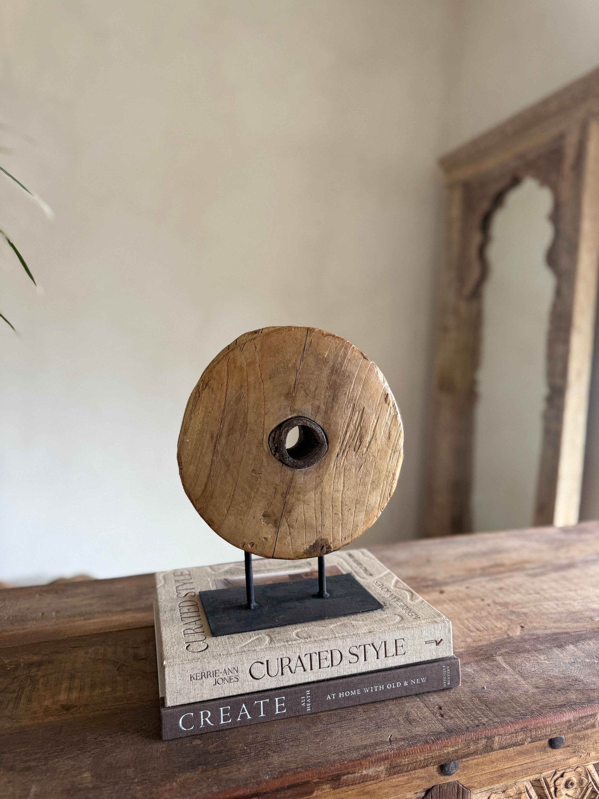 Vintage Wooden Pulley wheel on stand 11.5"
