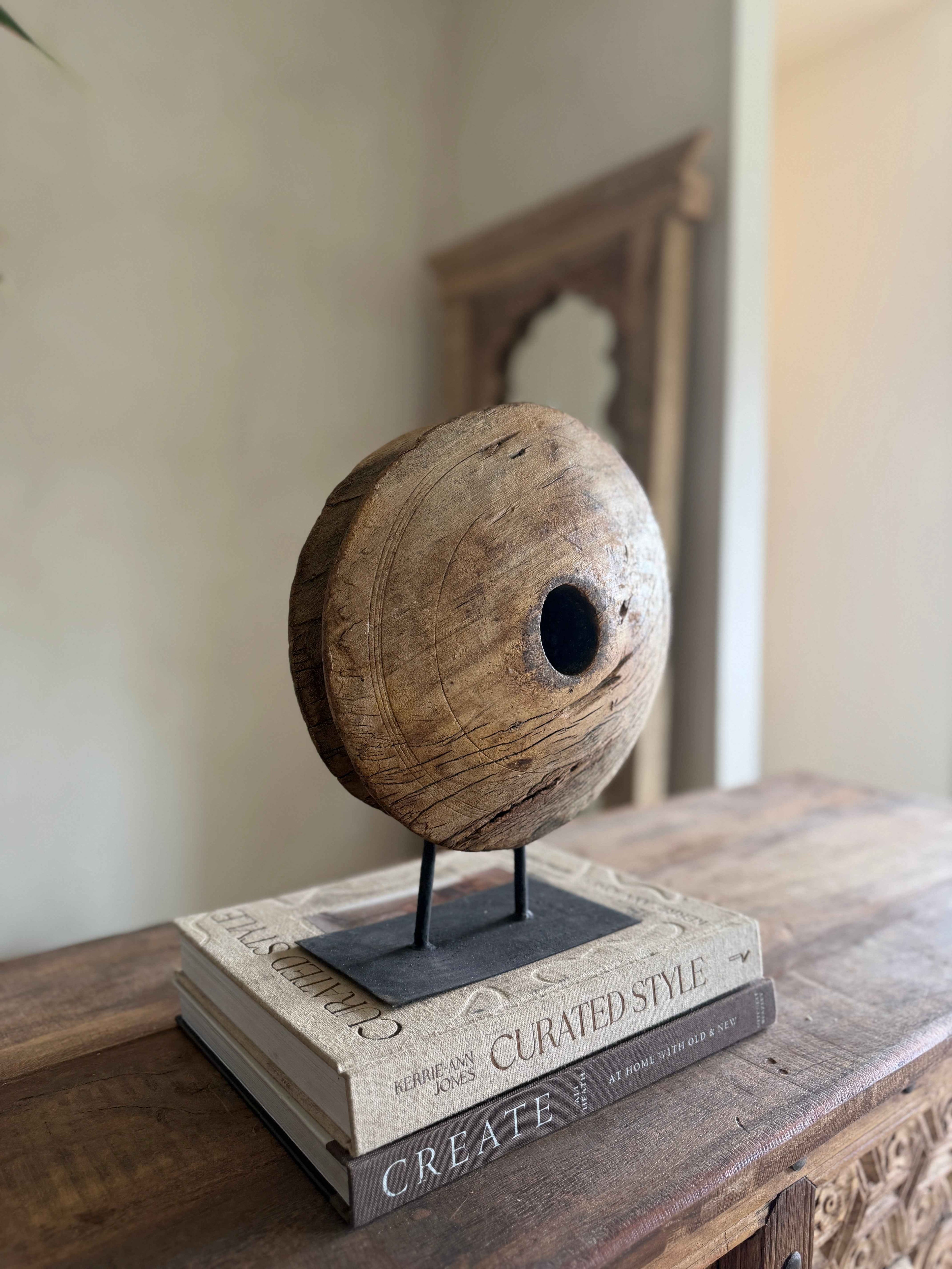 Vintage Wooden Pulley wheel on stand 12"