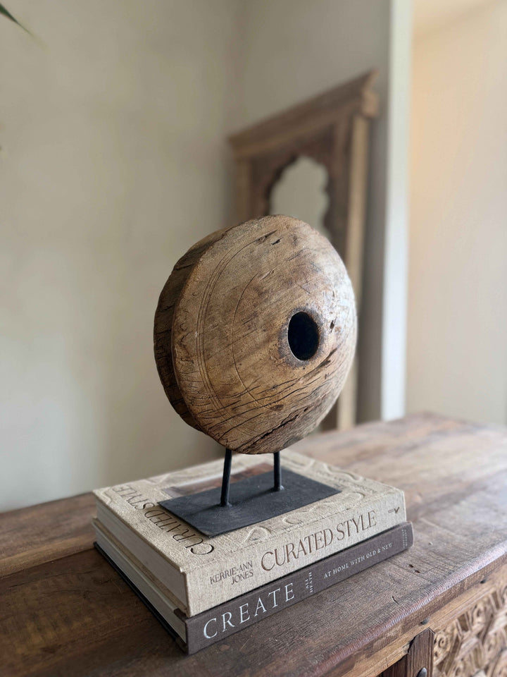 Vintage Wooden Pulley wheel on stand 12"