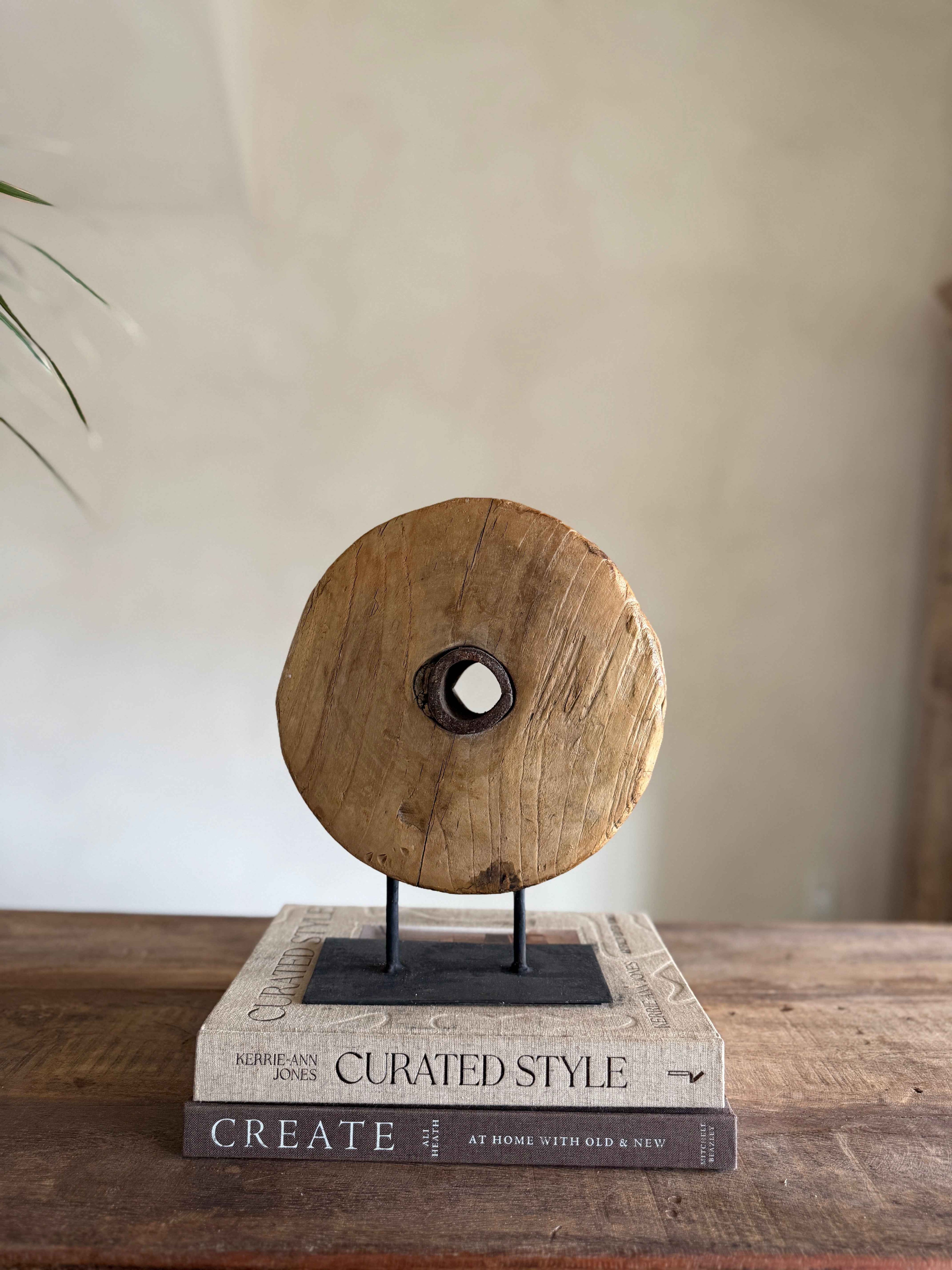 Vintage Wooden Pulley wheel on stand 11.5"