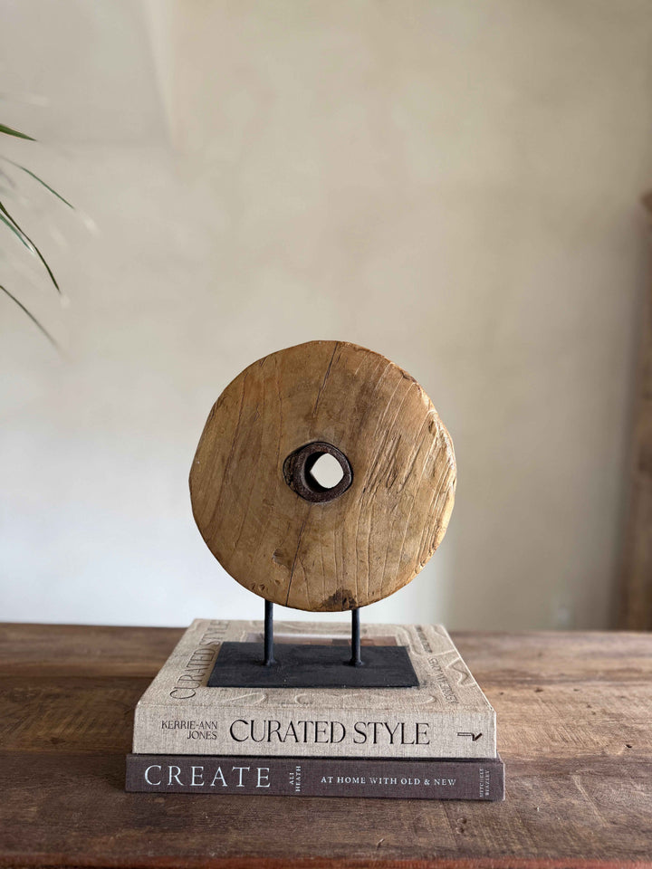 Vintage Wooden Pulley wheel on stand 11.5"