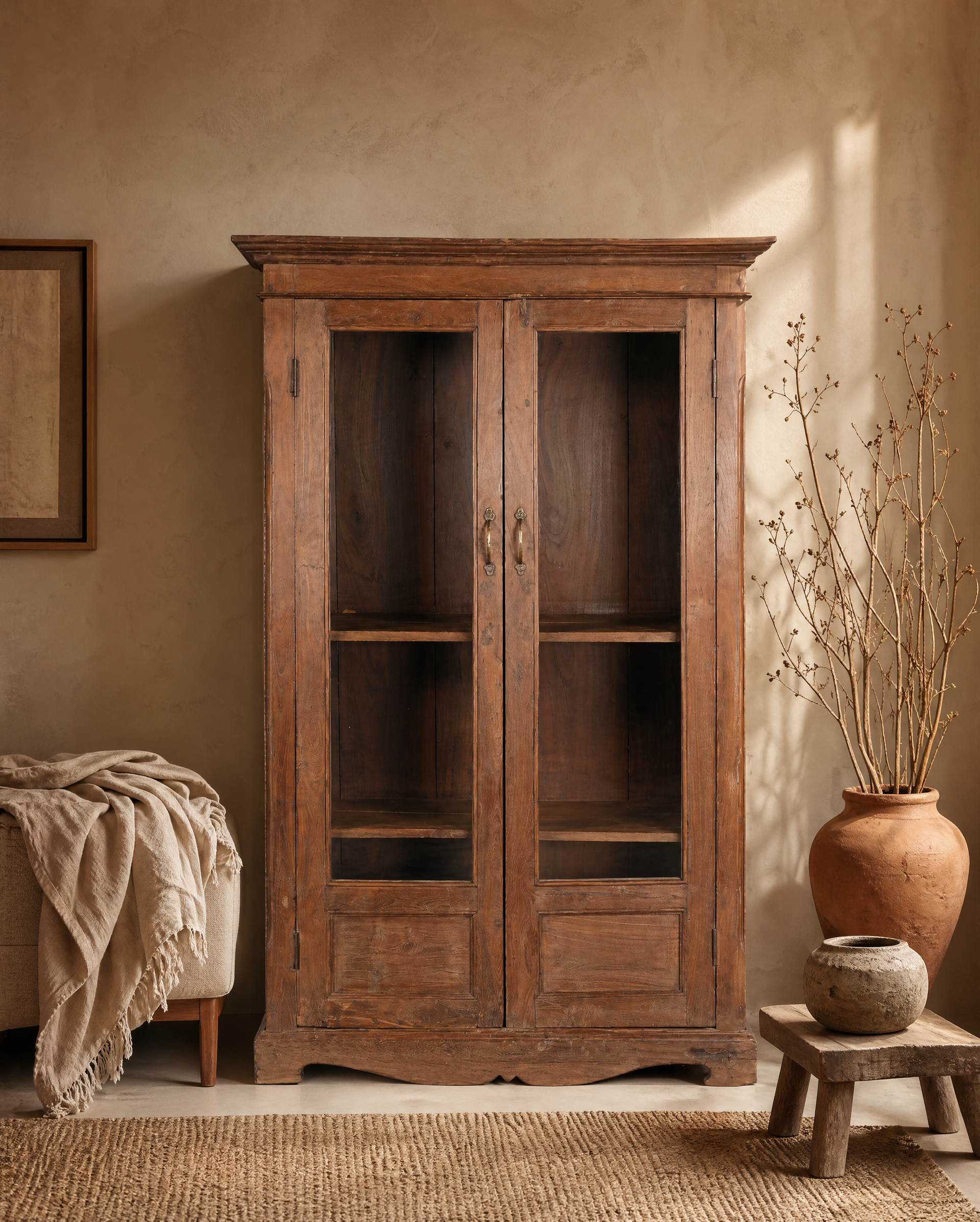 Antique Teak Wood Glass Almirah 3
