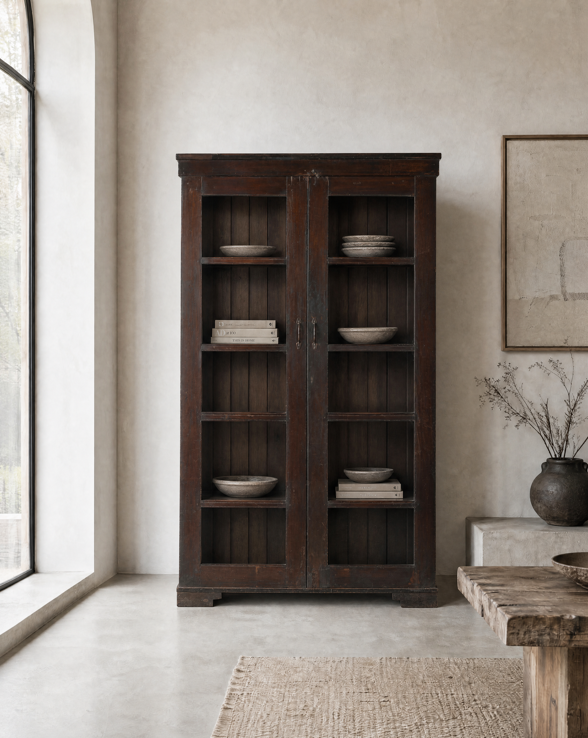 Antique Teak Wood Glass Almirah 8