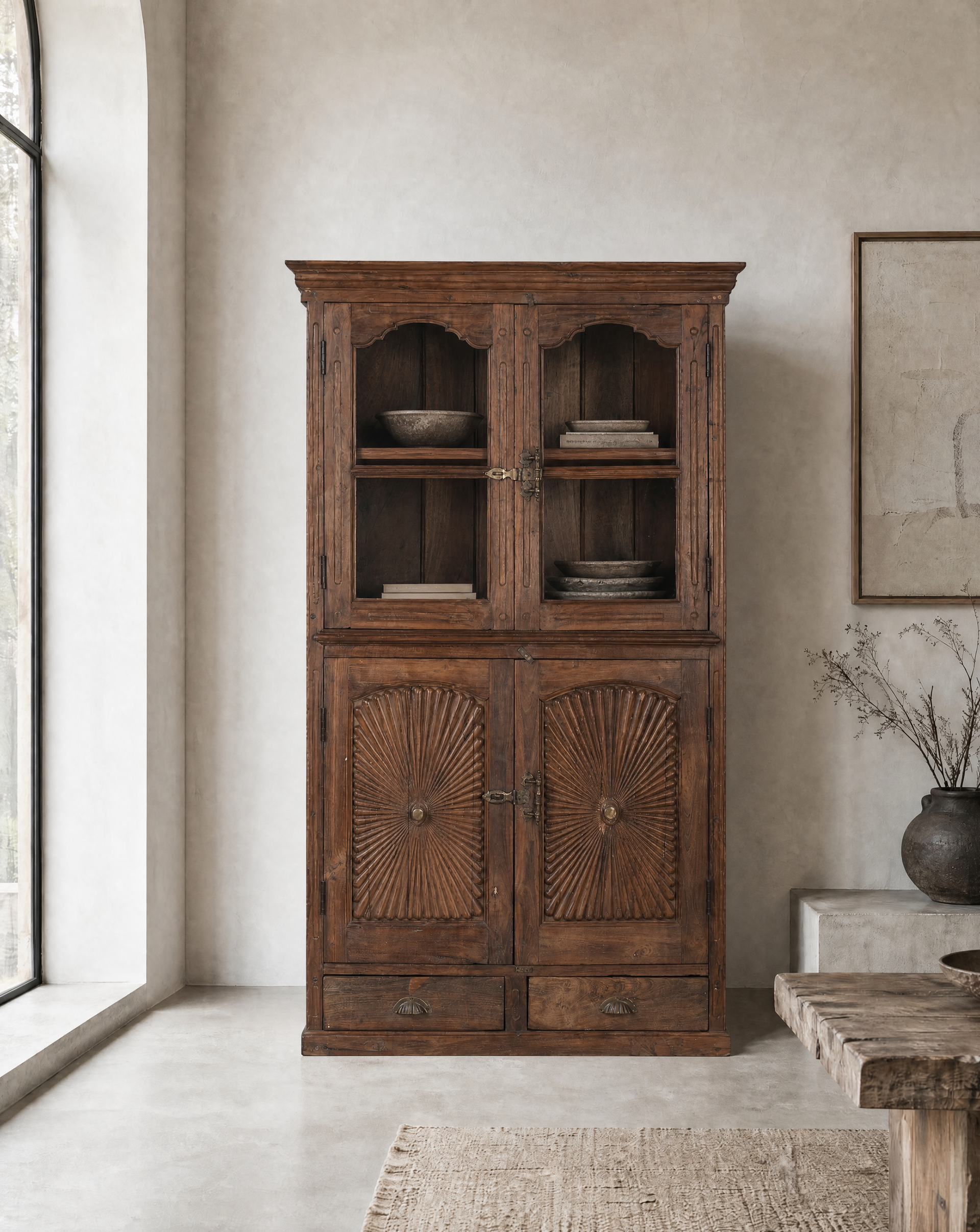 Antique Teak Wood Glass Almirah 10