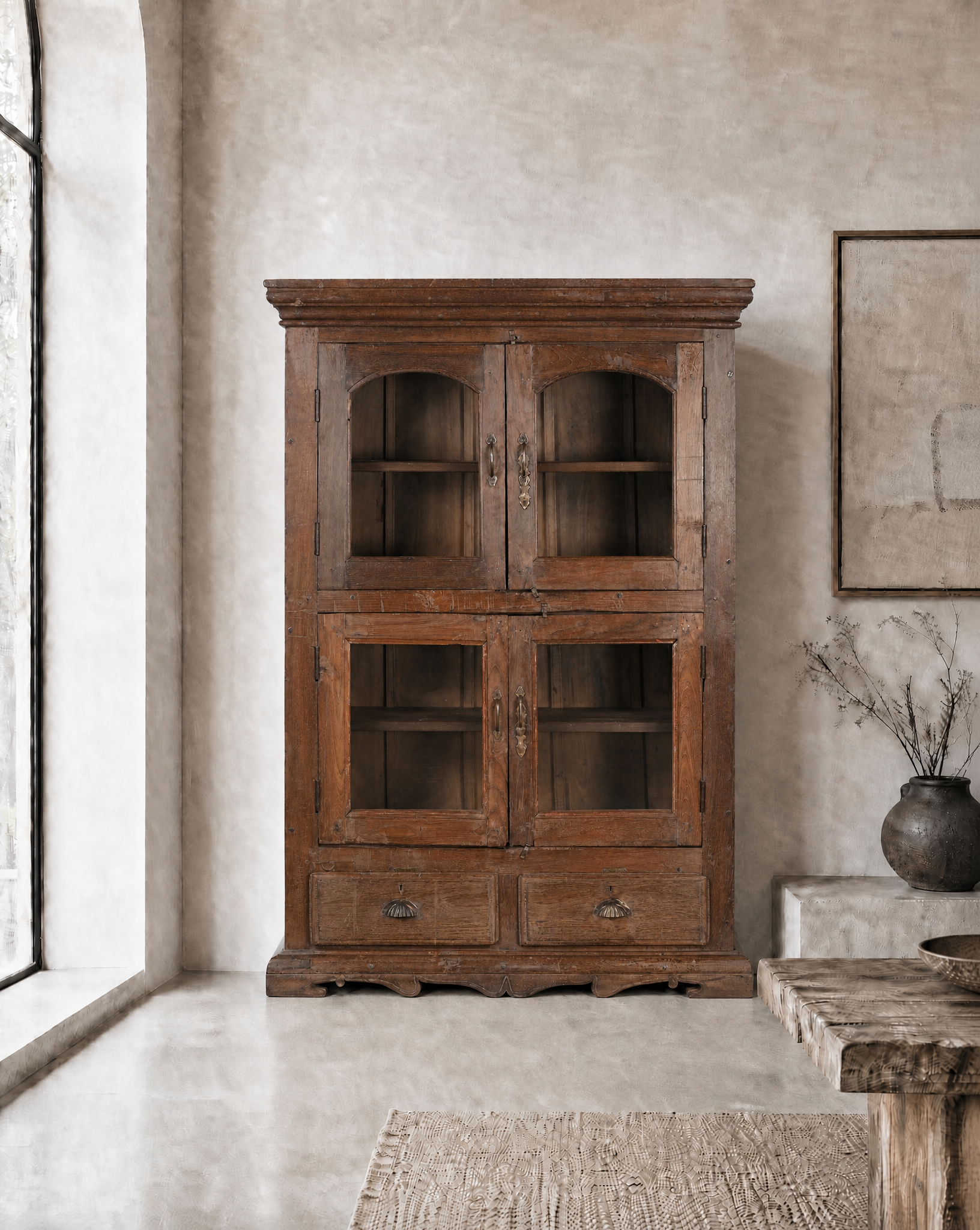 Antique Teak Wood Glass Almirah 7