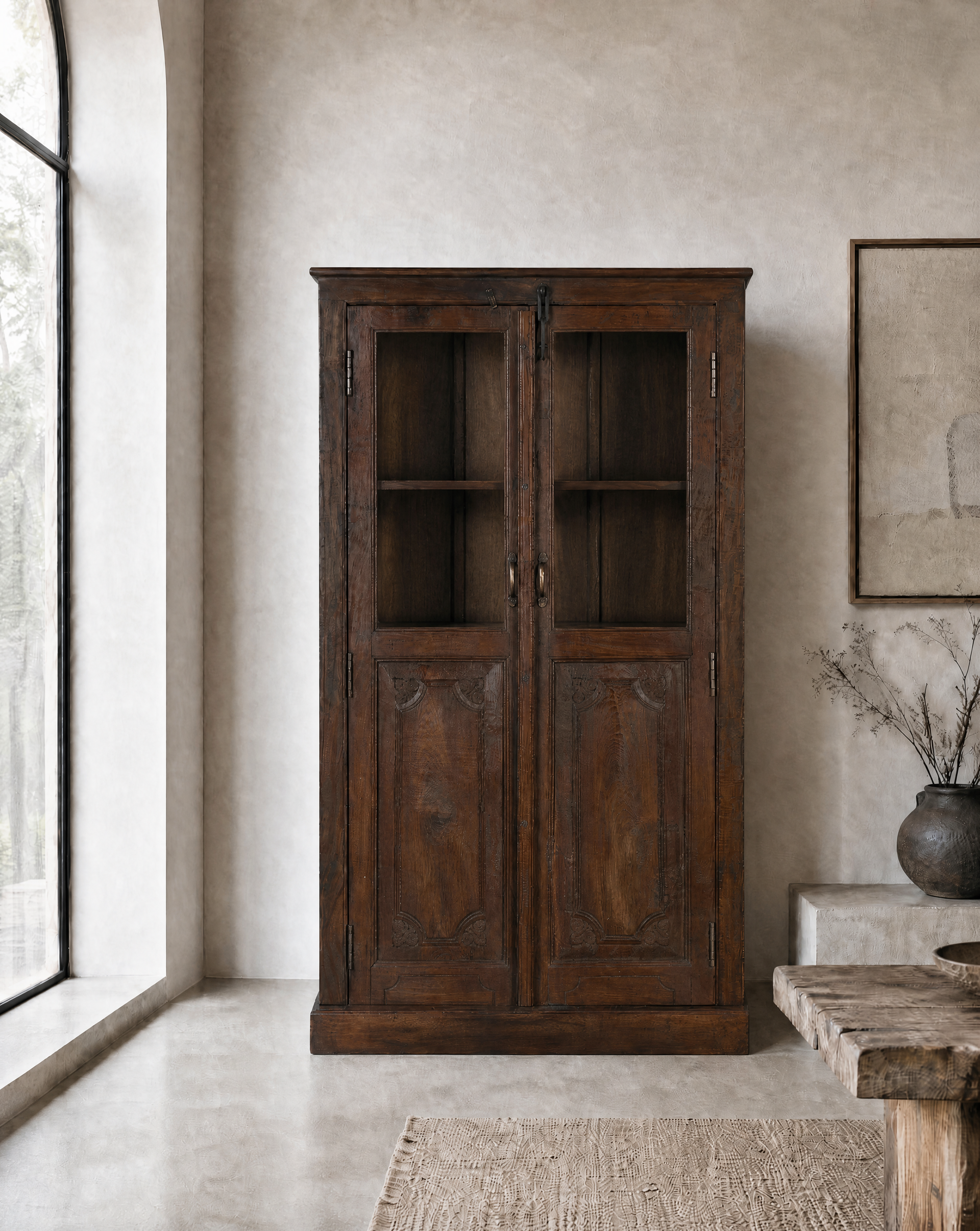 Antique Teak Wood Glass Almirah 14