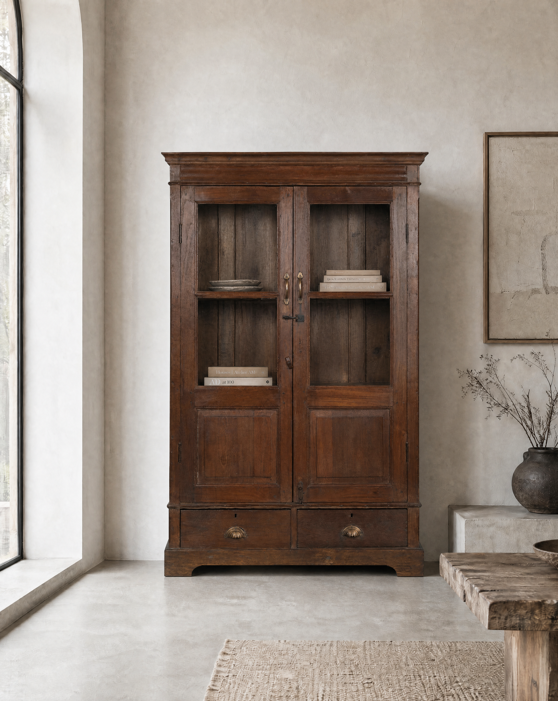 Antique Teak Wood Glass Almirah 16