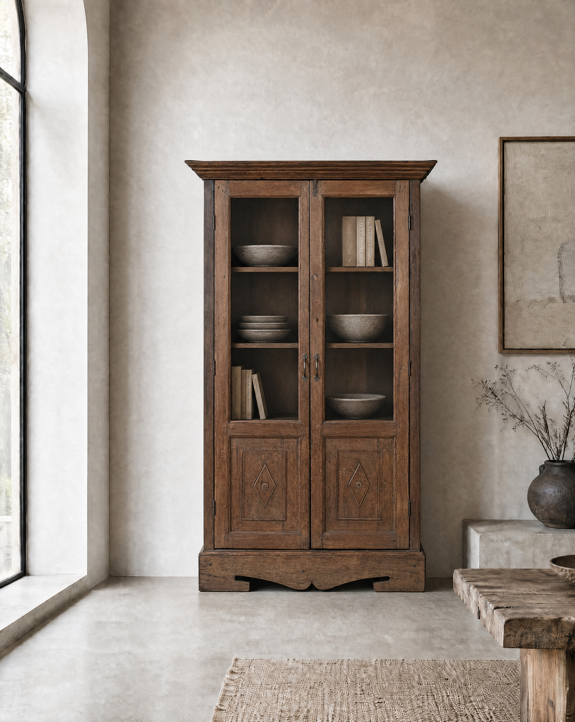 Antique Teak Wood Glass Almirah 11