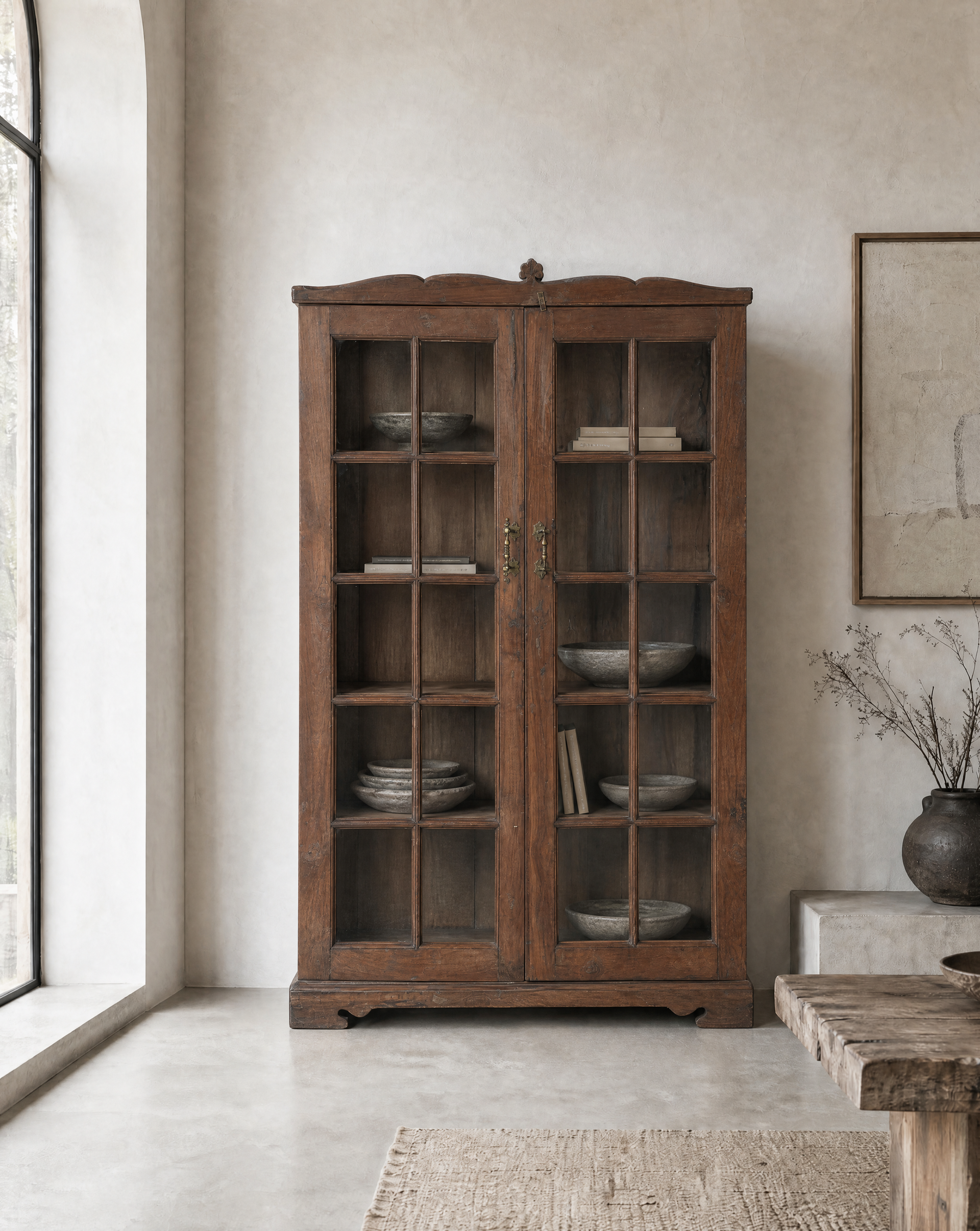 Antique Teak Wood Glass Almirah 12