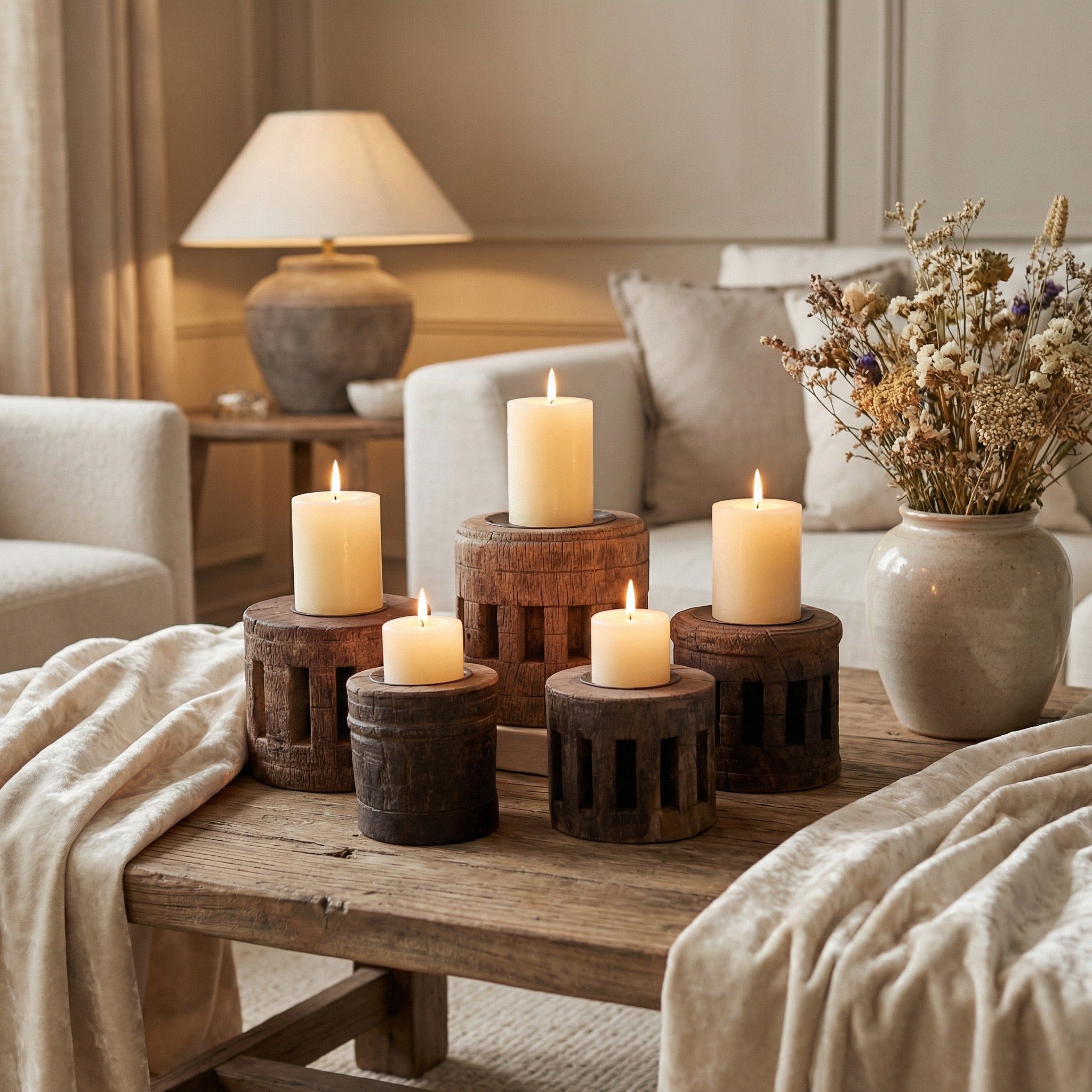 Vintage Wooden Wheel Axle Hub Candle Holders - Project Kalaā