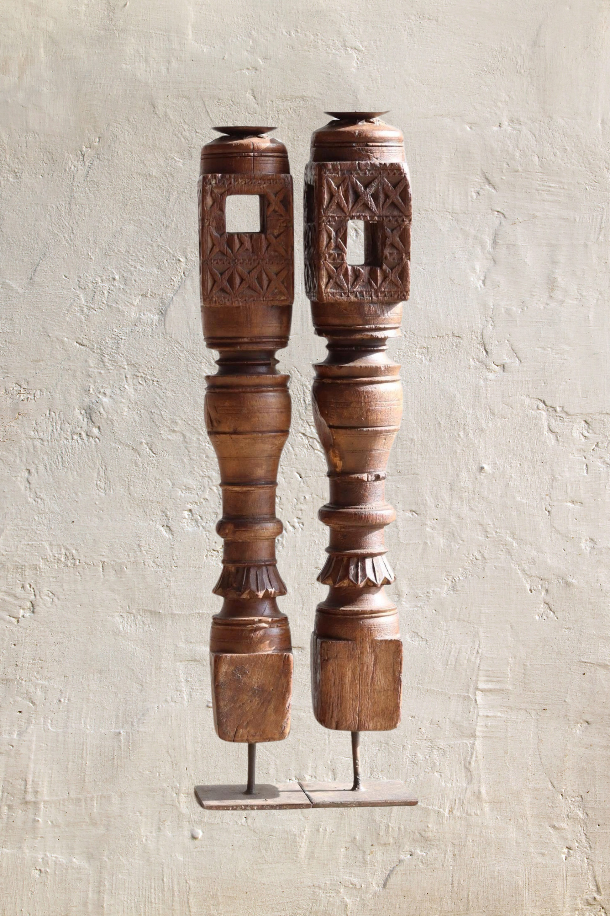 Vintage Wooden Tall Paga Candle Holders