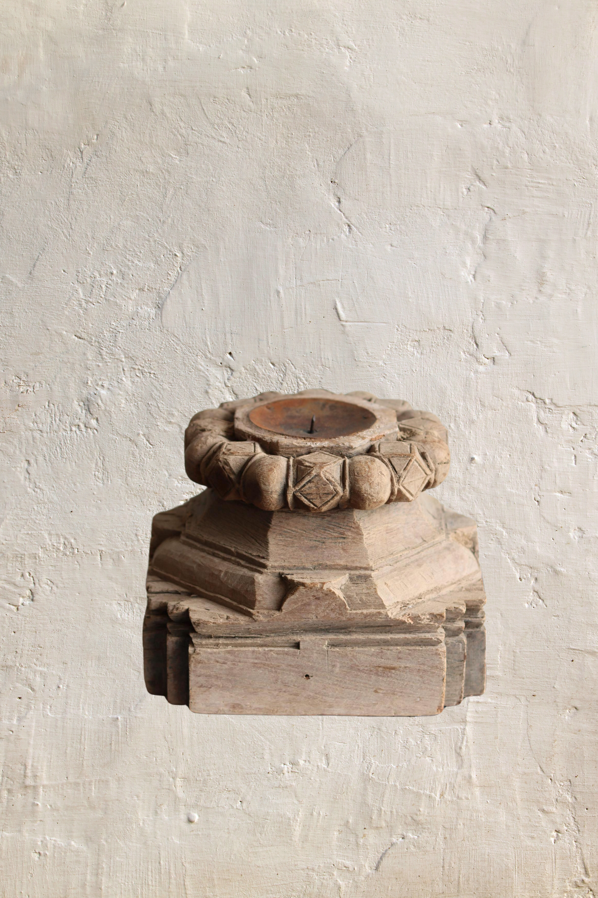 XL Vintage Carved Teak Wood Candleholder