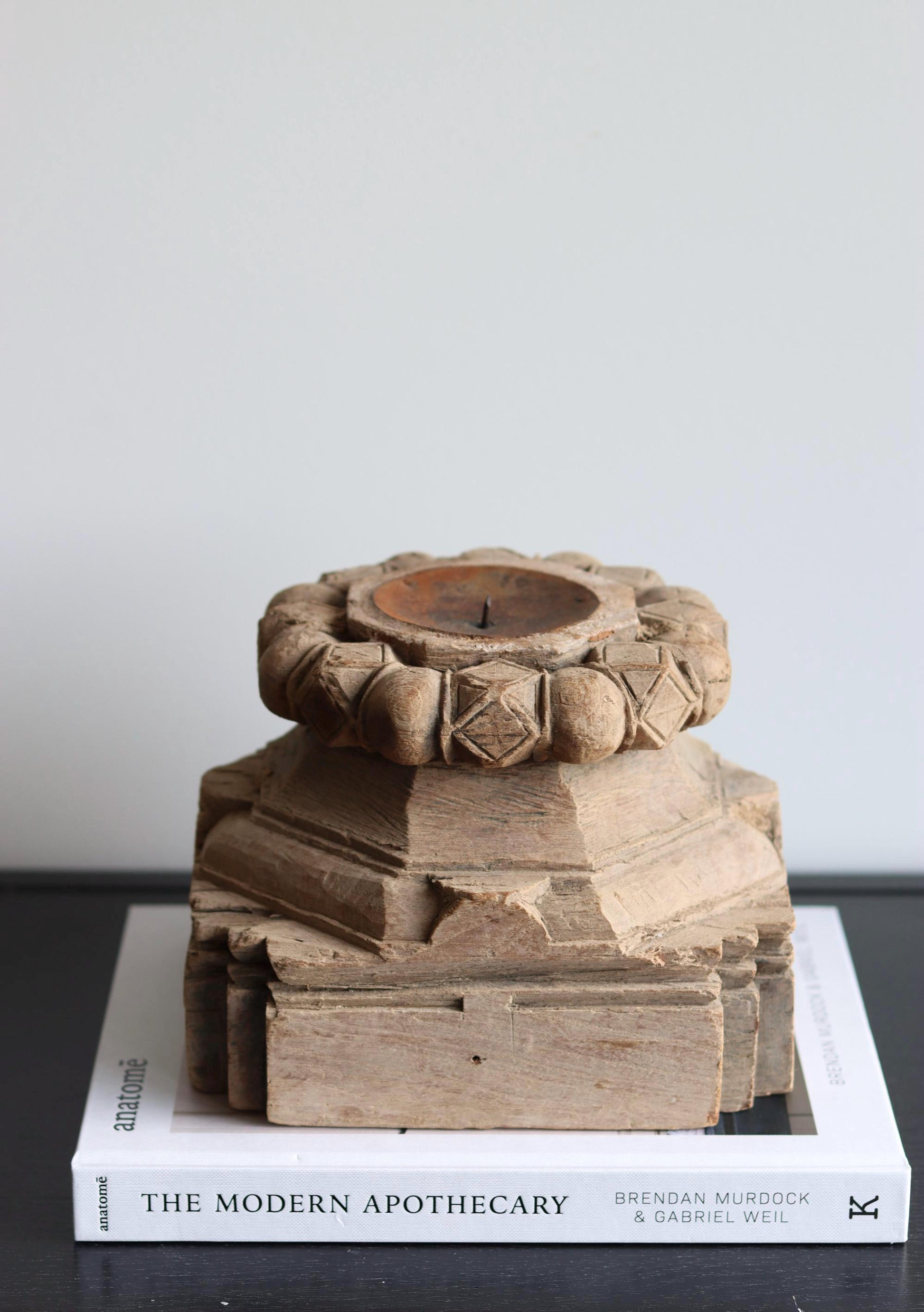 XL Vintage Carved Teak Wood Candleholder