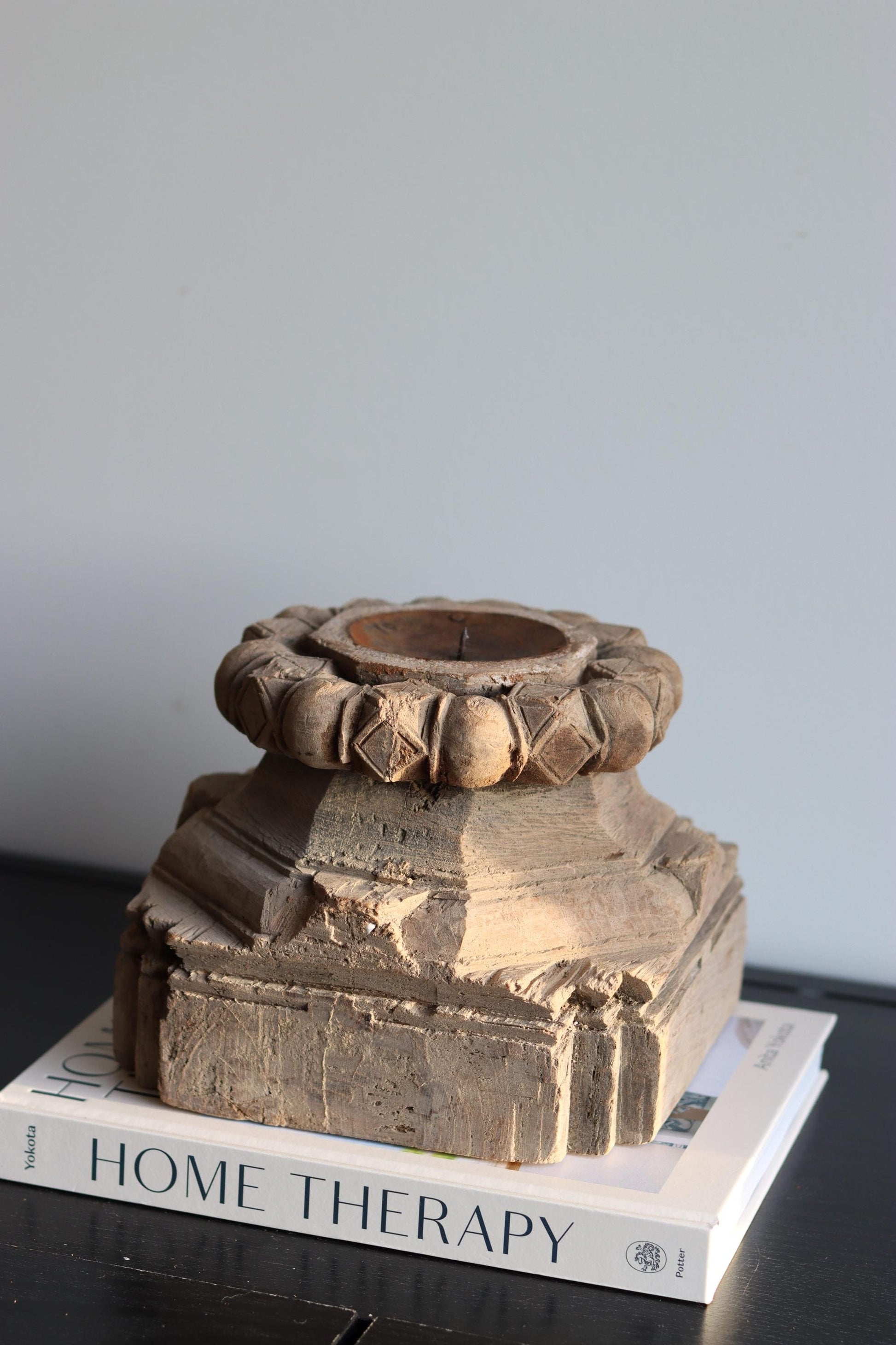 XL Vintage Carved Teak Wood Candleholder