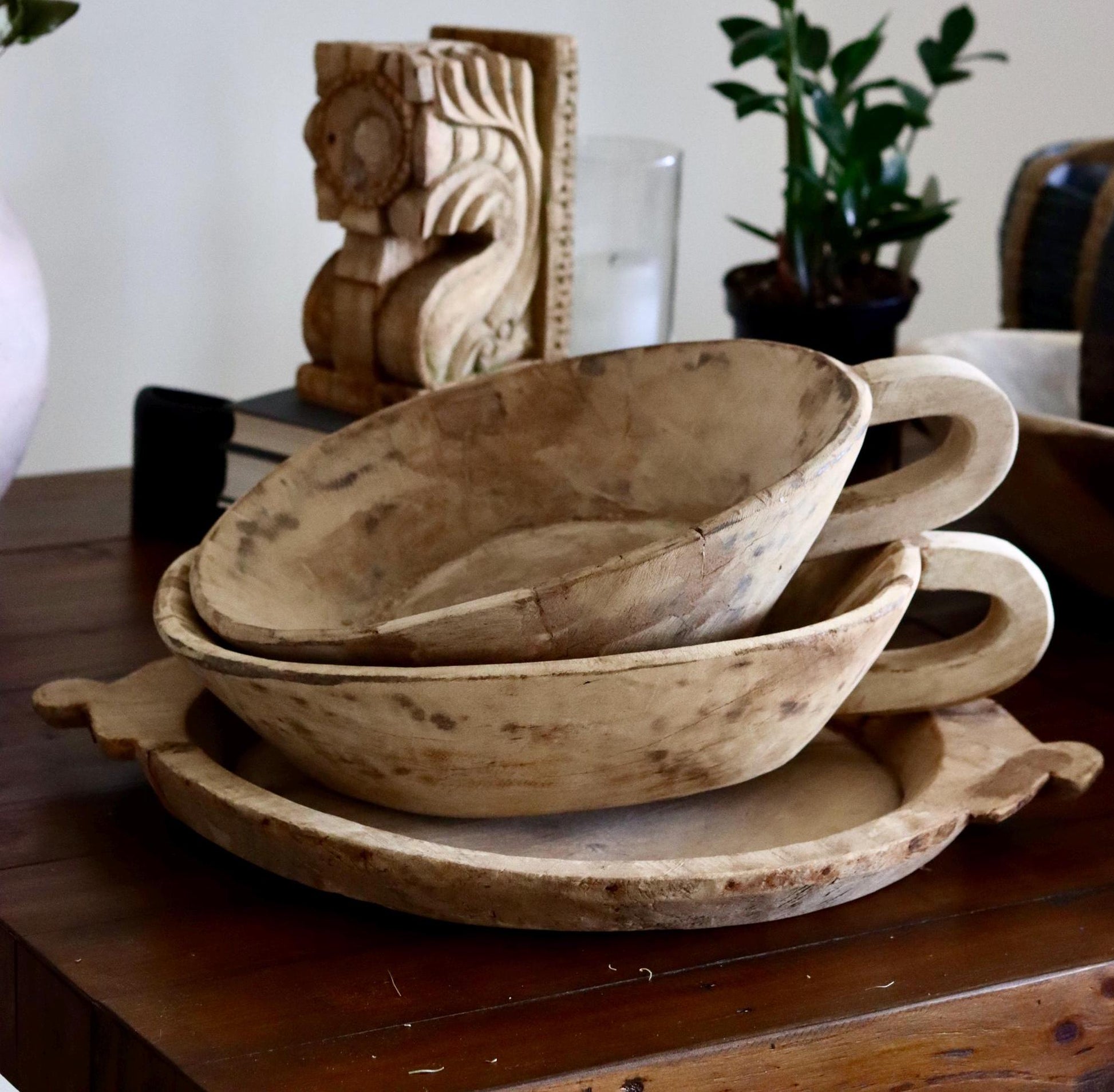 Wooden Vintage One Handle Tray (Parat) Bowl - Reclaimed and Rare Object (Assorted) | Wooden Bowl Rustic Vintage Parat Tray