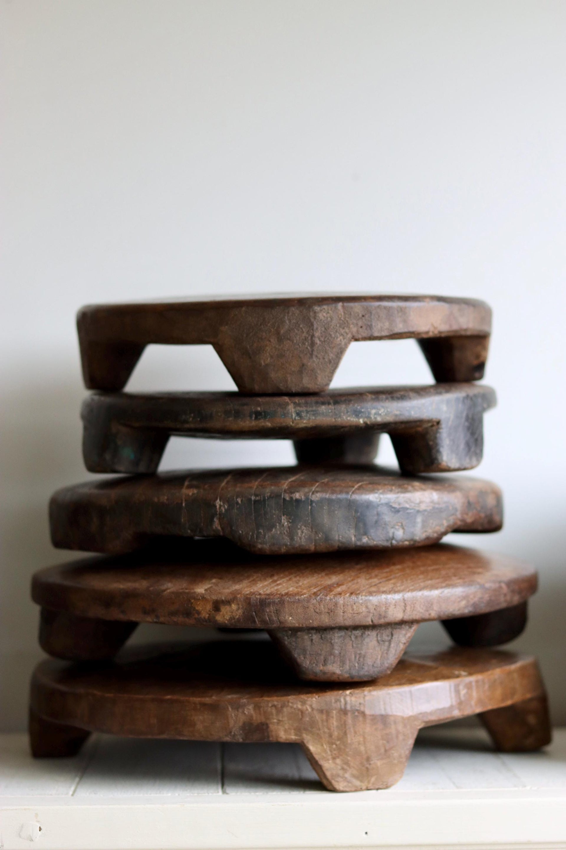 Rustic Circular Vintage Chapati Wooden Riser Trivet, Farmhouse Decor, Kitchen Stand, Bathroom Vanity Stand, Plant Stand