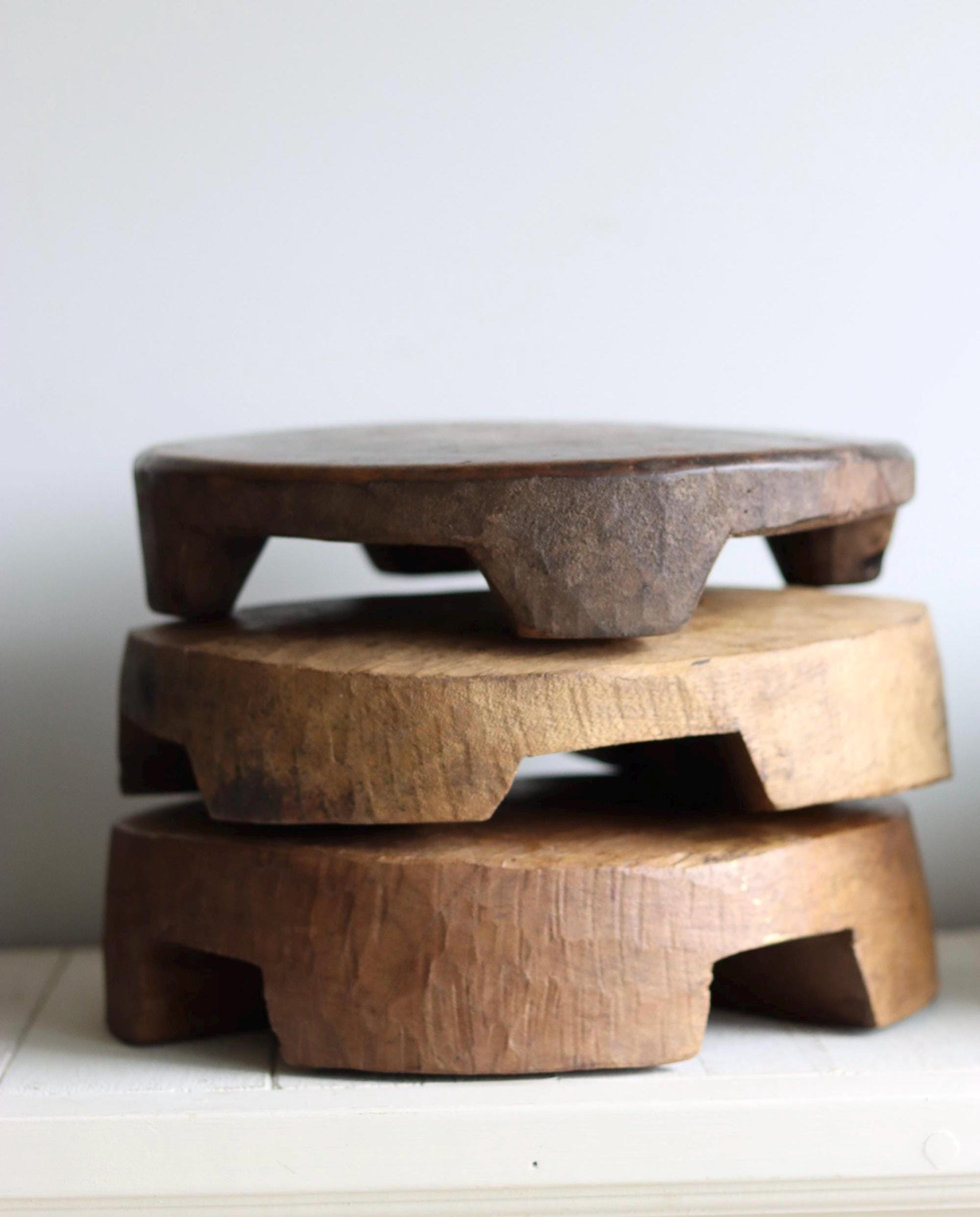 Rustic Circular Vintage Chapati Wooden Riser Trivet, Farmhouse Decor, Kitchen Stand, Bathroom Vanity Stand, Plant Stand