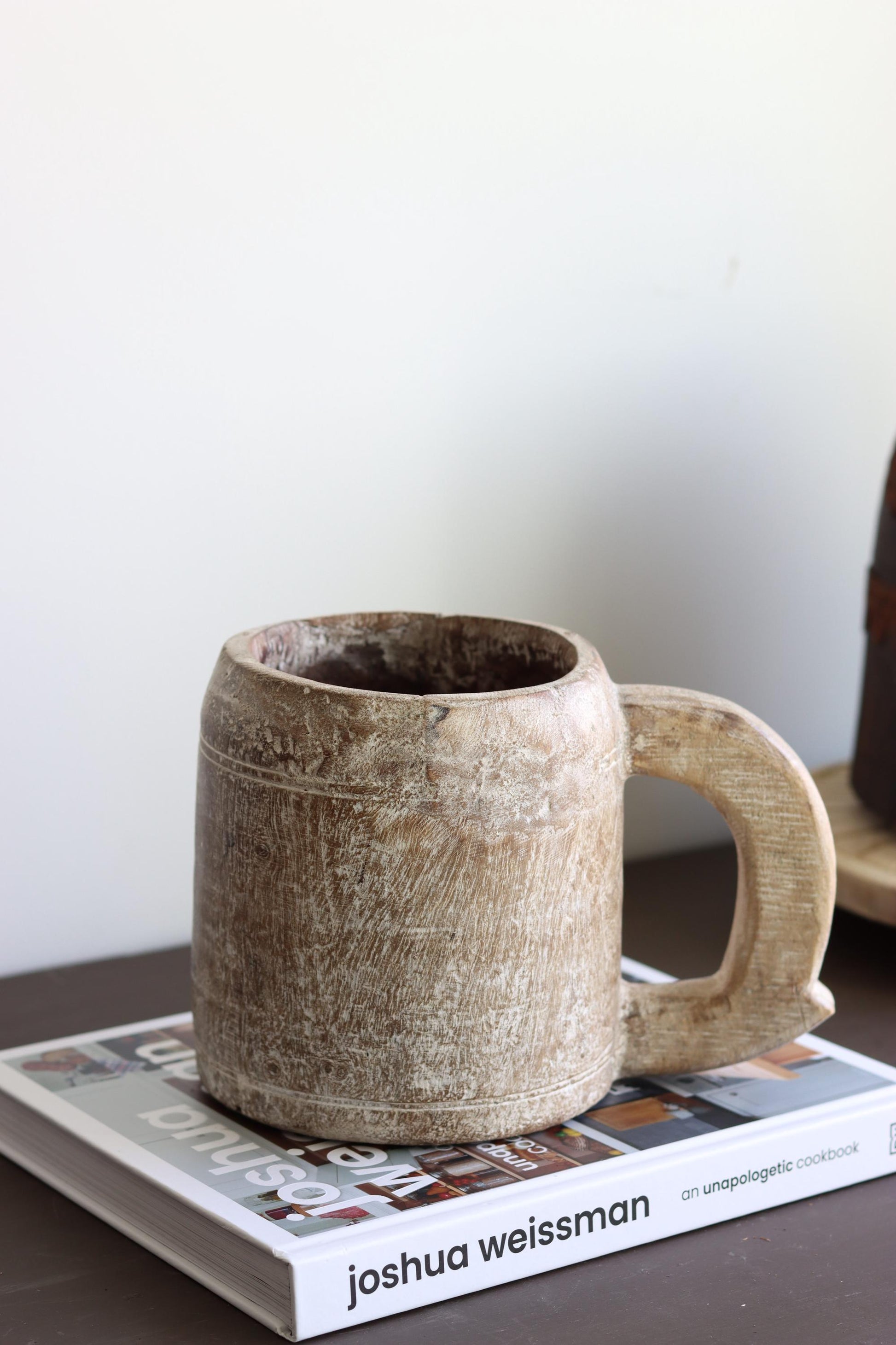 Vintage Wooden Hand-Carved Pot with Handle 4,  Decorative Kitchen Herb Planter, Rustic Planter Pot, Reclaimed Vase