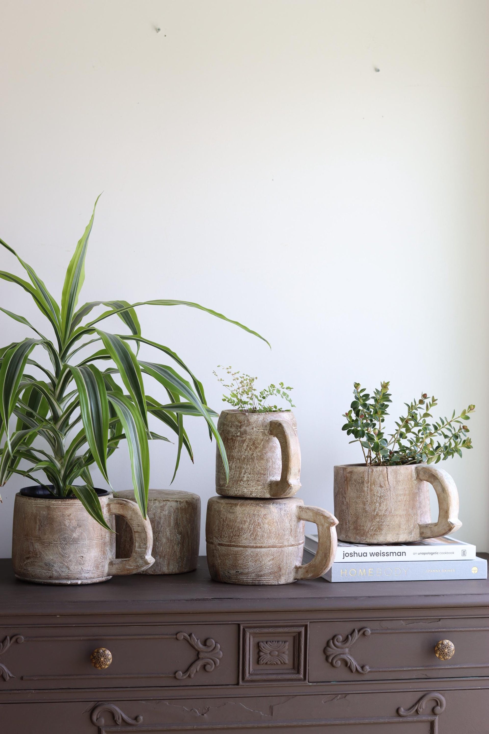 Vintage Wooden Hand-Carved Pot with Handle 4,  Decorative Kitchen Herb Planter, Rustic Planter Pot, Reclaimed Vase