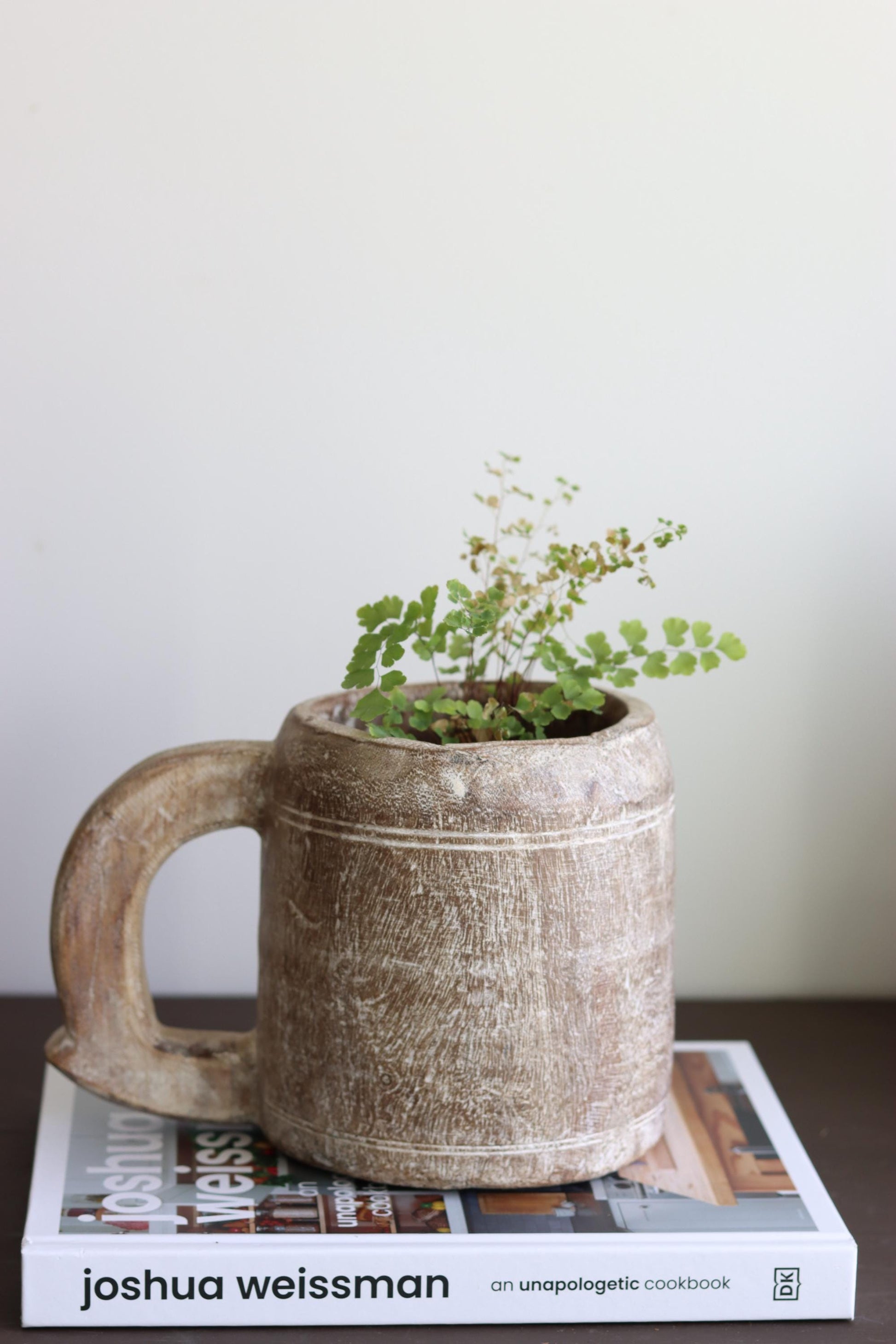 Vintage Wooden Hand-Carved Pot with Handle 4,  Decorative Kitchen Herb Planter, Rustic Planter Pot, Reclaimed Vase
