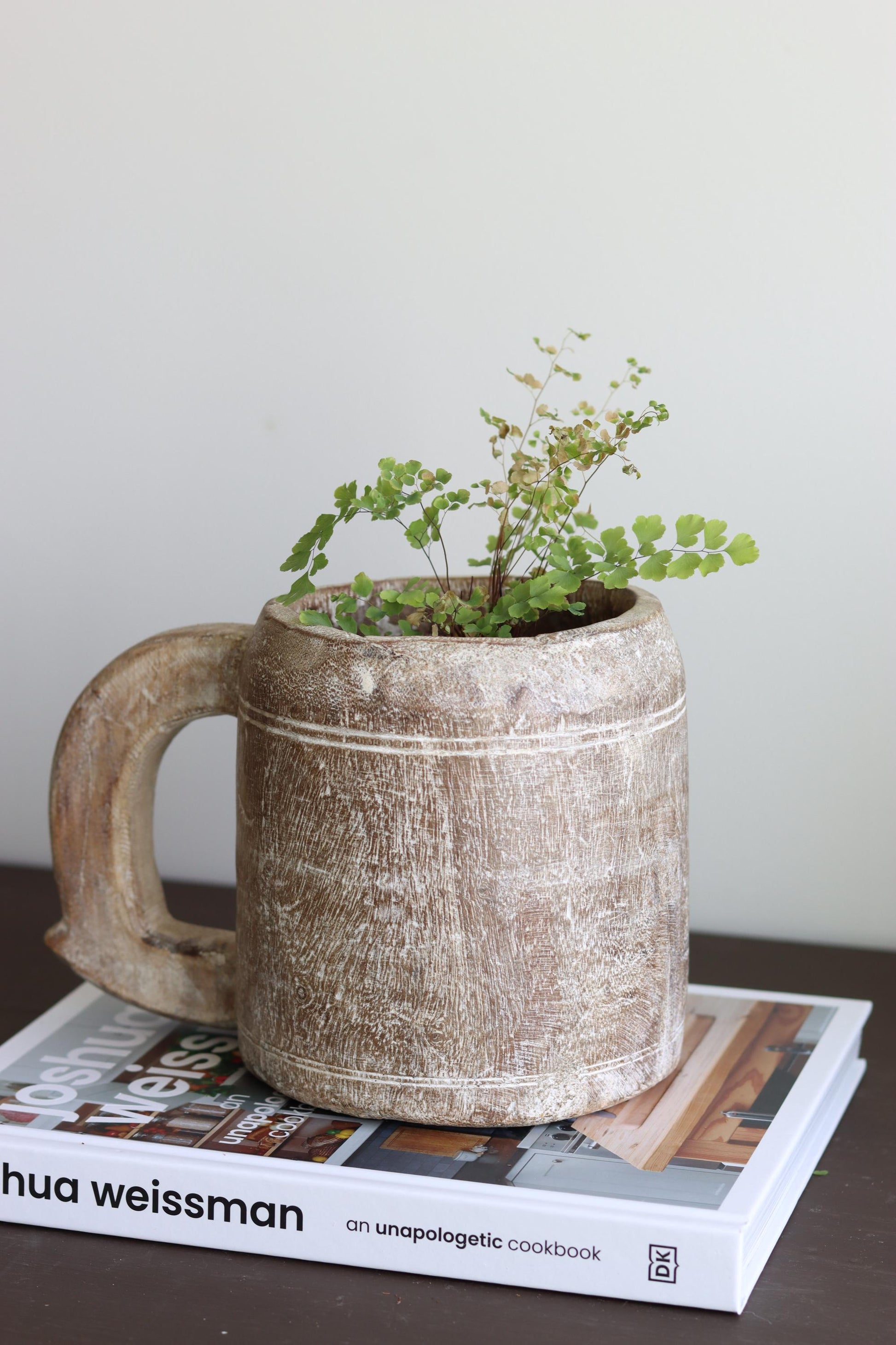 Vintage Wooden Hand-Carved Pot with Handle 4,  Decorative Kitchen Herb Planter, Rustic Planter Pot, Reclaimed Vase