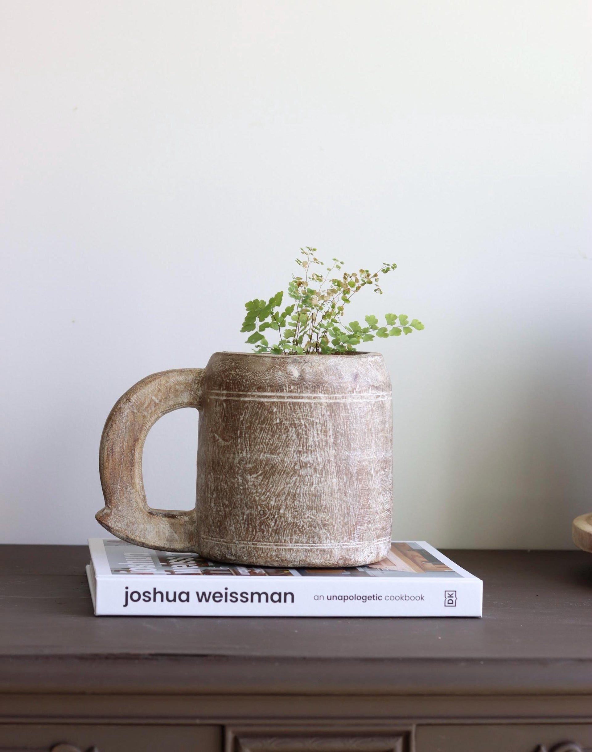 Vintage Wooden Hand-Carved Pot with Handle 4,  Decorative Kitchen Herb Planter, Rustic Planter Pot, Reclaimed Vase