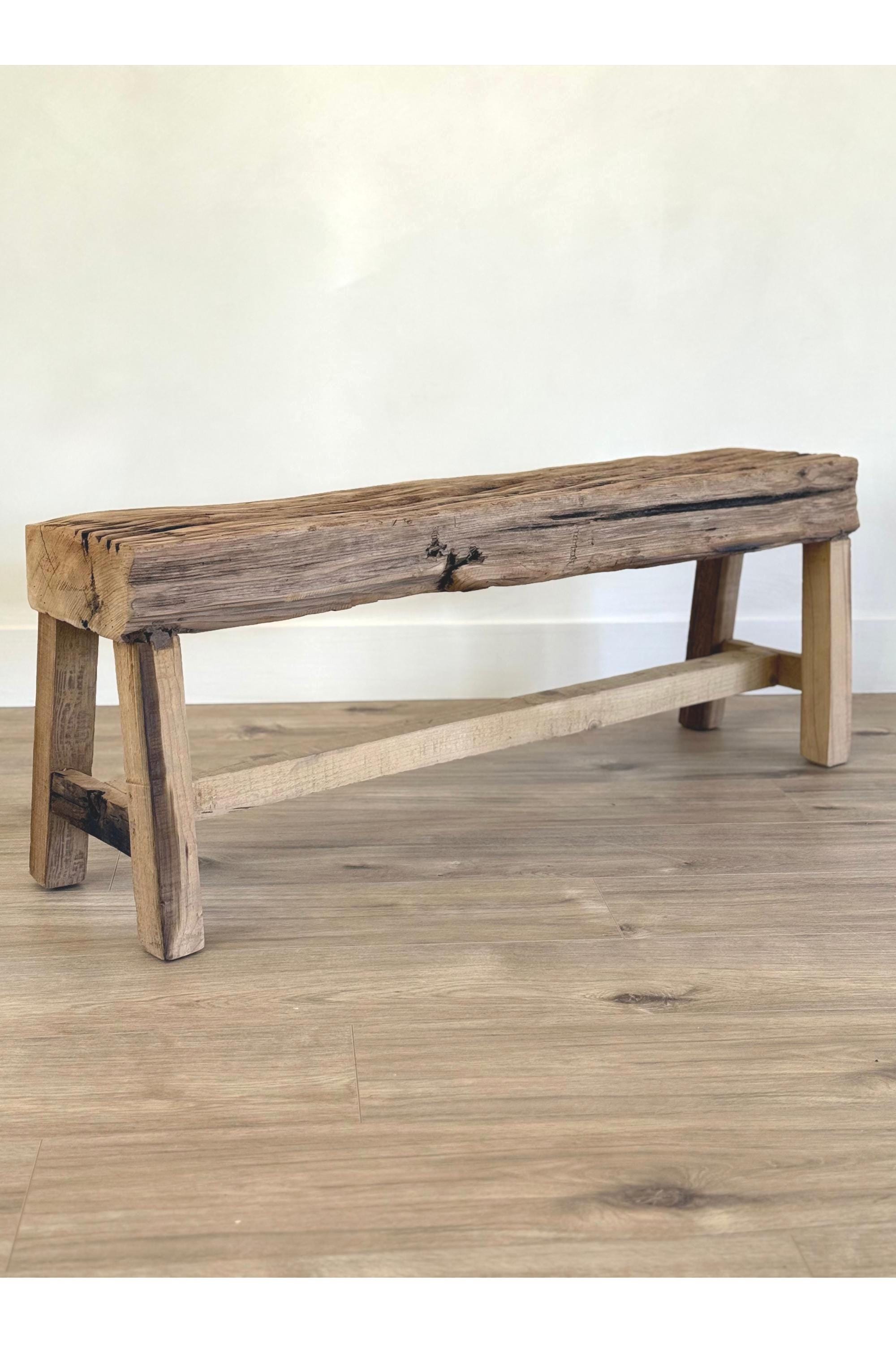 Vintage Indian Wooden Log Bench| Rustic Teak Wood Bench