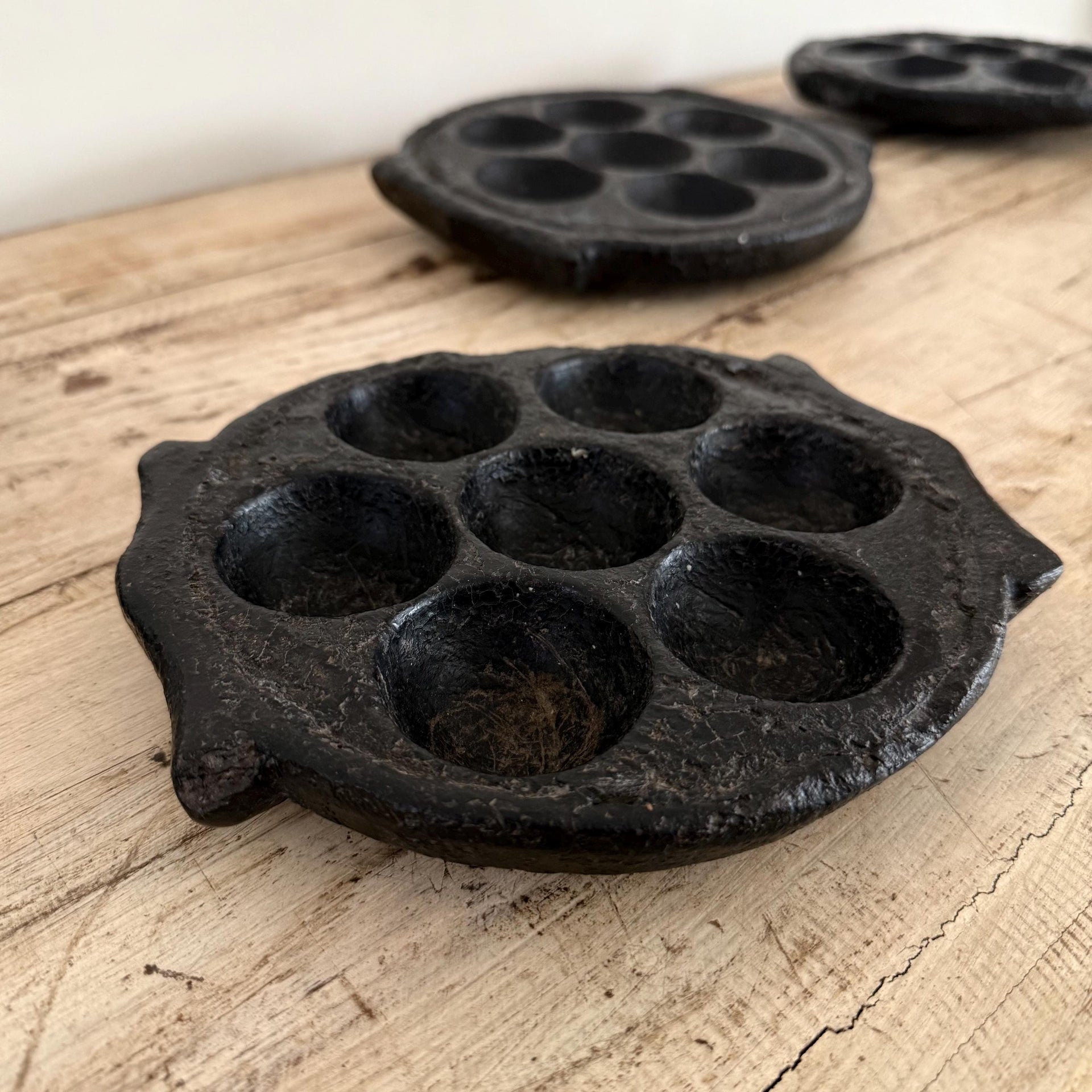 Vintage Black Hand Carved Stone Idli Plate