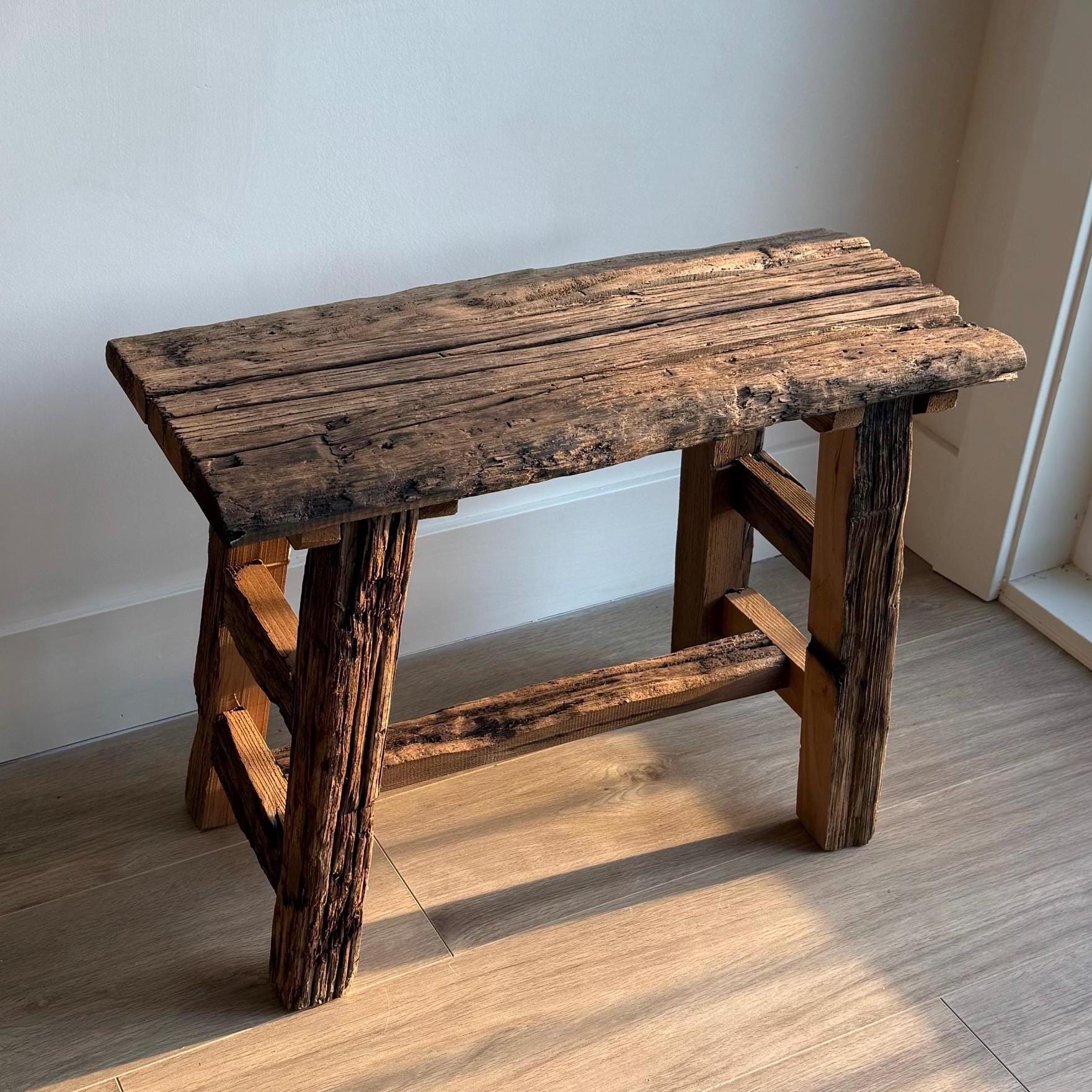 Handcrafted Entryway Stool, Rustic Reclaimed Wood Stool, Farmhouse Hallway Seating Bench, Narrow Side Table, Narrow Wooden Foyer