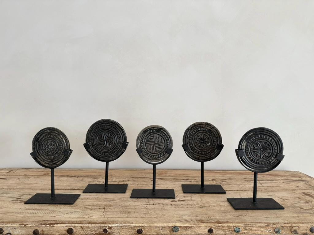Antique Black Stone Biscuit Mold on Iron Stand
