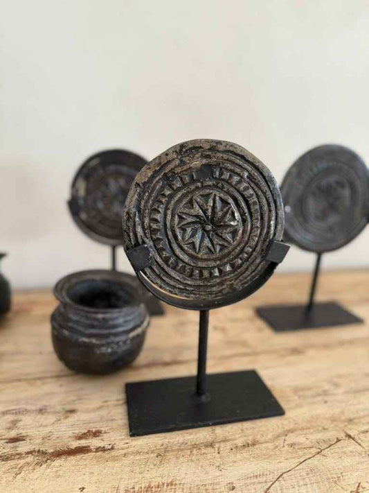 Antique Black Stone Biscuit Mold on Iron Stand